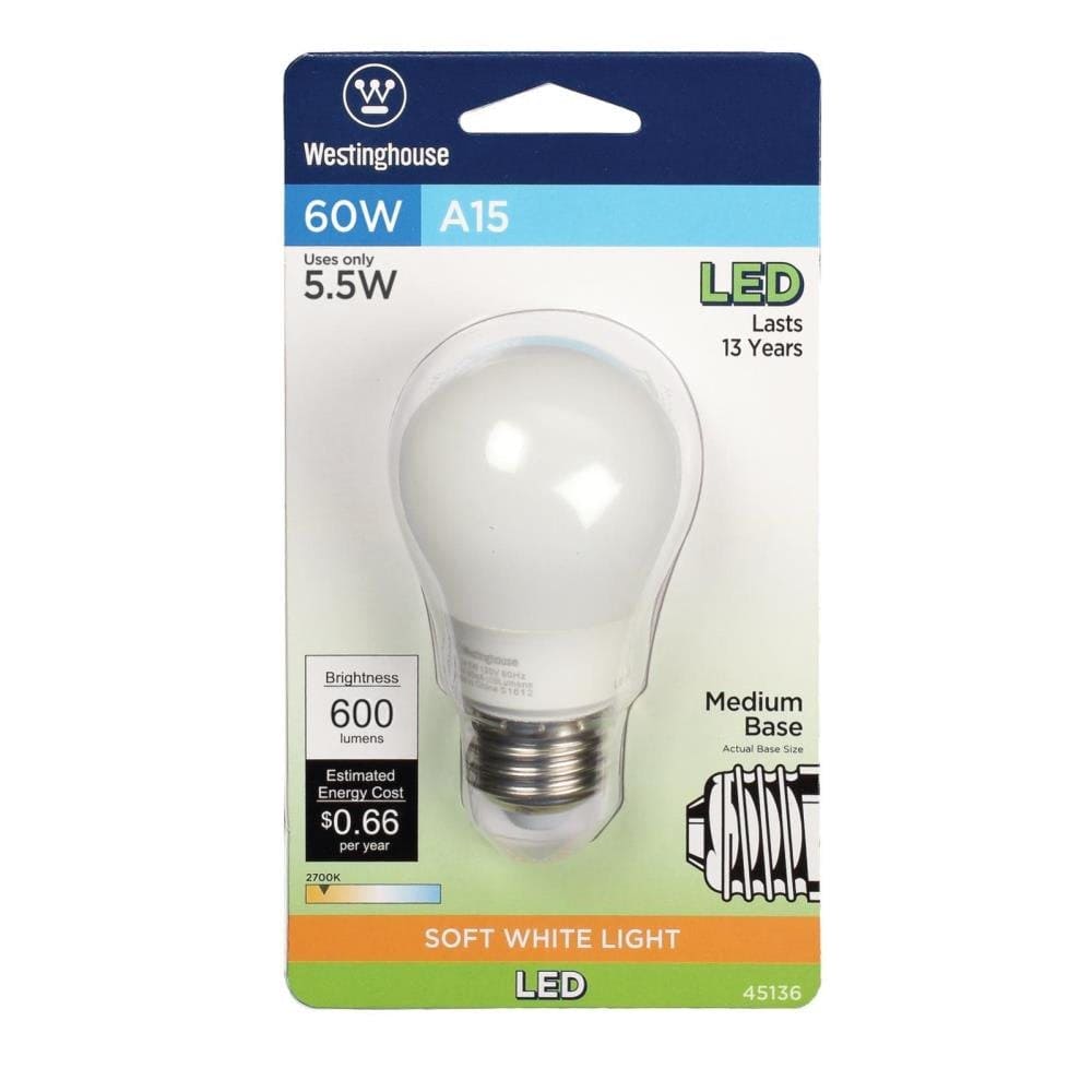 Westinghouse 4513620 A15 LED Light Bulb with Medium Base (4 Pack), Four Pack 60 Watt Equivalent Soft White, 4 Count Westinghouse