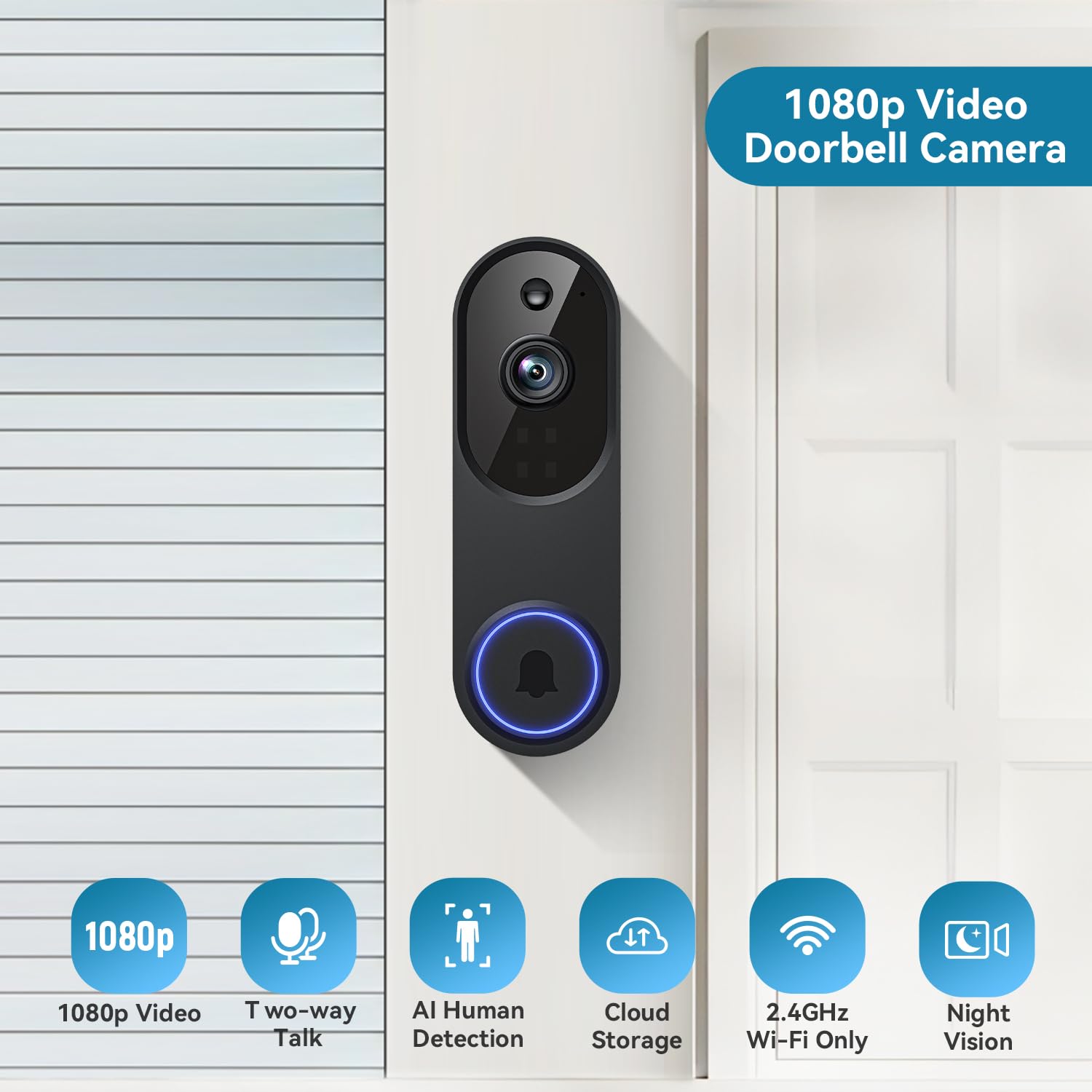 Guggre Doorbell Camera M52, Security Camera Outdoor/Indoor, 1080 HD with Night Vision, 4 Infrared Lights, 120° Wide View, Motion Detection Notification, Works with Smartphone, Wireless, Online Support Guggre