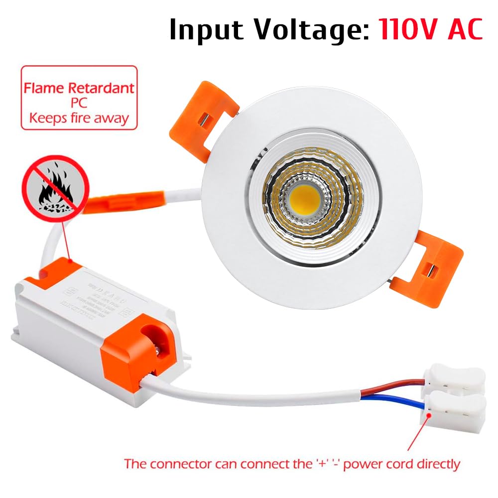LightingWill 2inch LED Dimmable Downlight, 3W COB Recessed Ceiling Light, Daylight White 5500K-6000K, CRI80, 25W 220LM Halogen Bulbs Equivalent, White (10 Pack) LightingWill