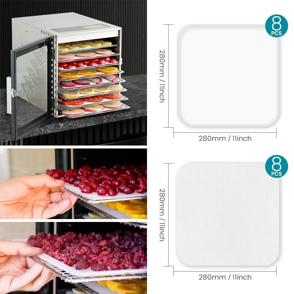 8 Pcs Silicone Food Dehydrator-Trays with Edge, 8 Pcs Mesh Dryer Mats,Reusable Non Stick Silicone Dehydrator Sheets (11x 11in) for Liquids,Fruit Leather,Herbs,Meat and Yogurt Cercker