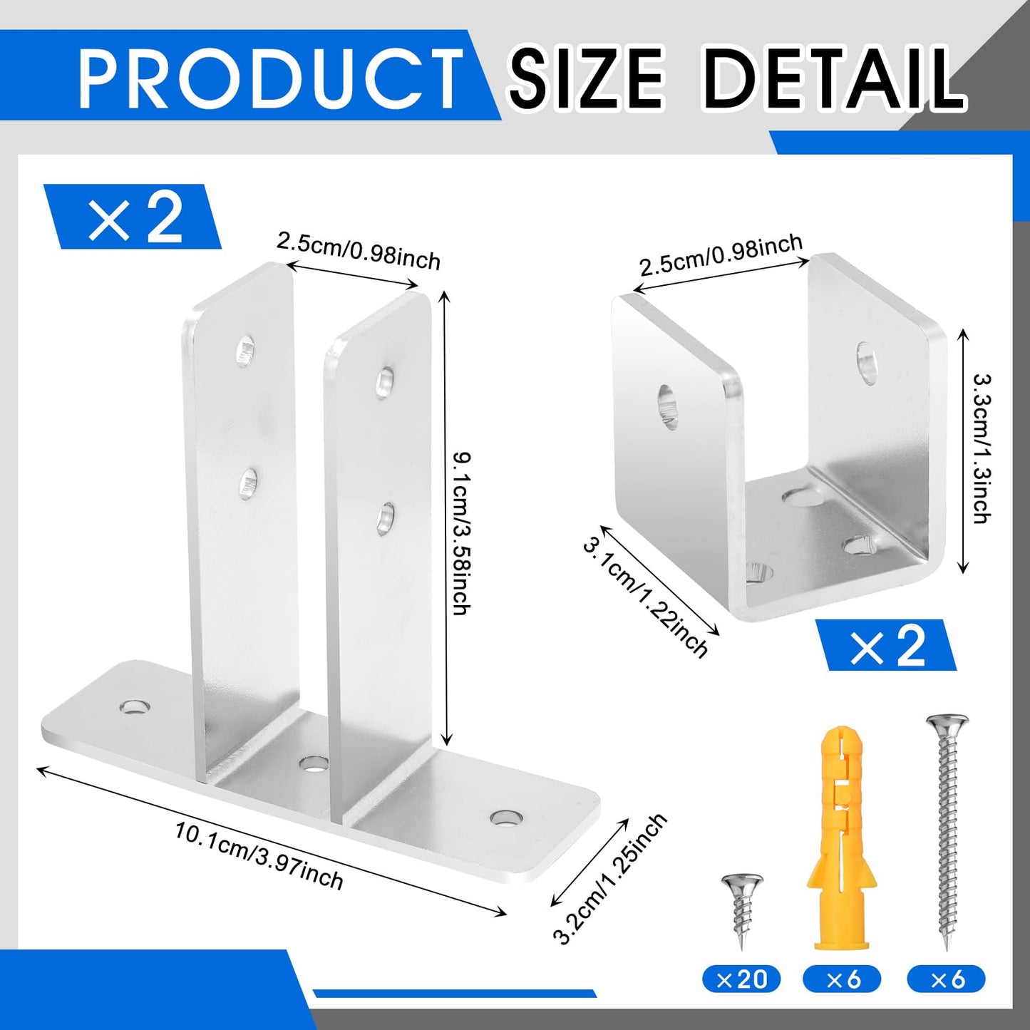 Blulu 4 Pcs Toilet Partition Panel Bracket Set 2-Ear Urinal Screen Brackets & U Shaped Brackets for 1 in. Panels with Fasteners Bathroom Stall Hardware for New installations or Repairs Blulu