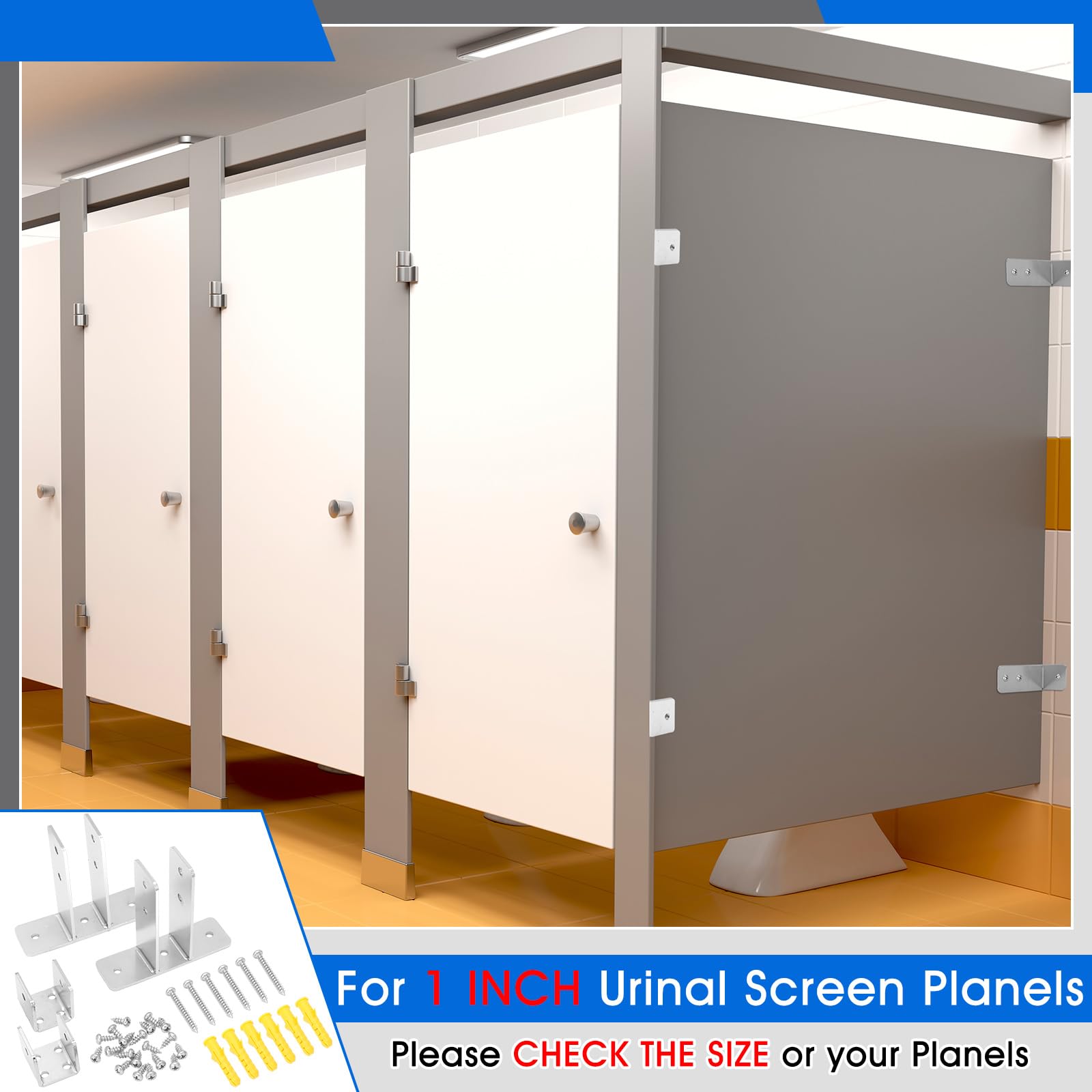 Blulu 4 Pcs Toilet Partition Panel Bracket Set 2-Ear Urinal Screen Brackets & U Shaped Brackets for 1 in. Panels with Fasteners Bathroom Stall Hardware for New installations or Repairs Blulu