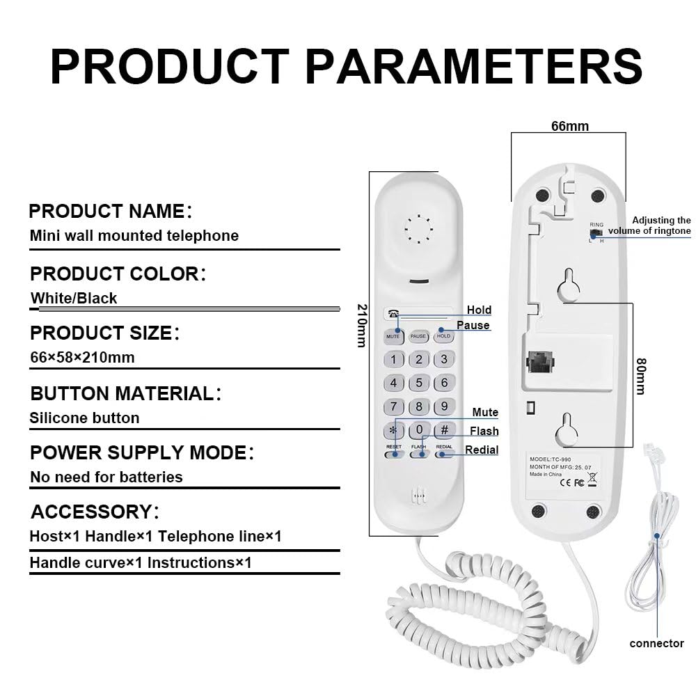 OF-990 Slimline Telephone Adjustable Volume Ringtone Wall-Mountable Basic Corded Telephone No AC Power Required, Corded Home Phone XLHTEE