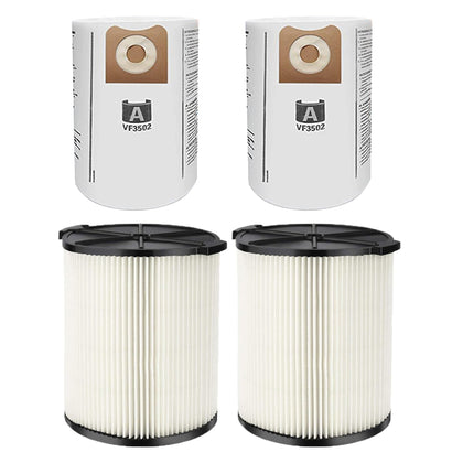 2 Pack VF4000 Filter for RIDGID Wet Dry Vac 5-20 Gallons and 2 Pack VF3502 Vacuumc Bags for Ridgid 12-16 Gallon Vac