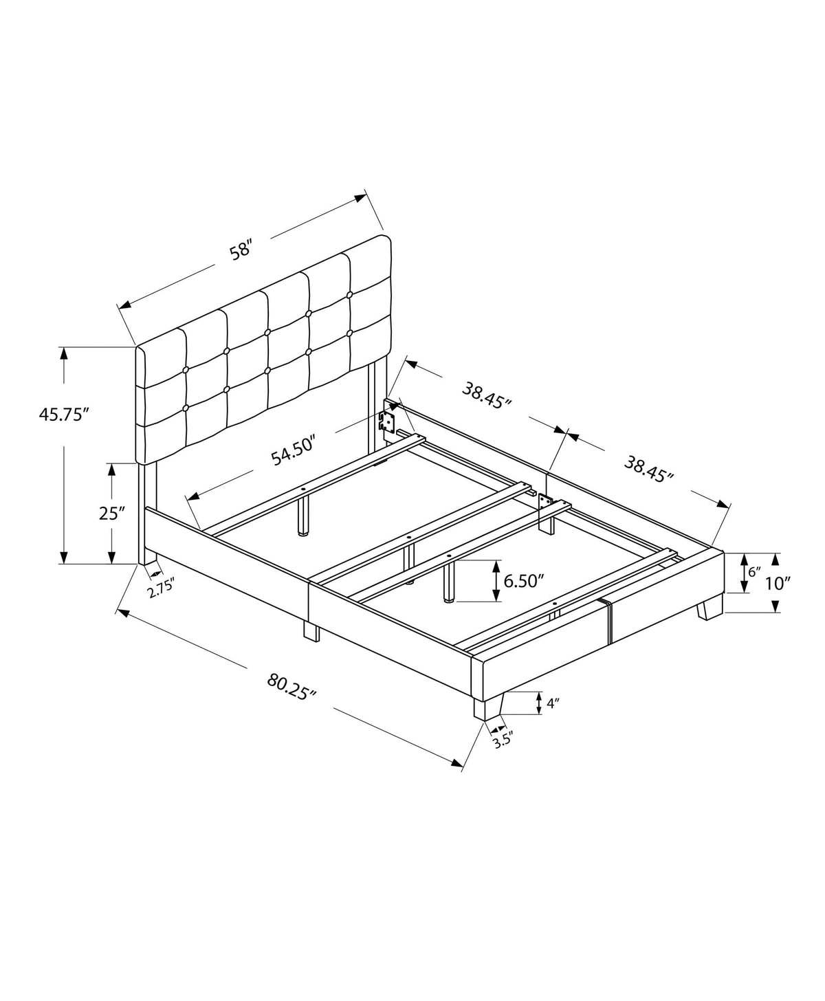 Monarch Specialties I 5801F Bed, Full Size, Bedroom, Upholstered, Frame Only, Transitional Monarch Specialties