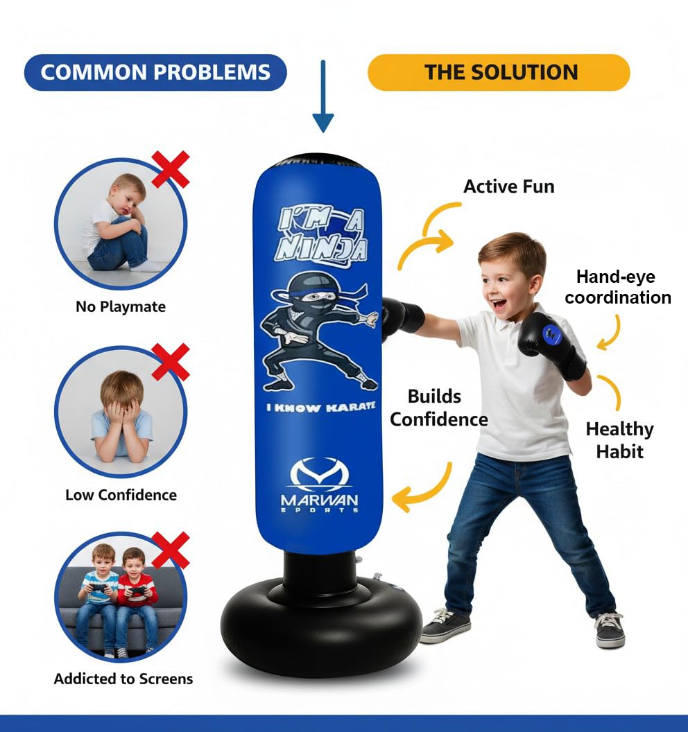 Marwan Sports Inflatable Punching Bag for Kids – 5-in-1 Birthday Set with Gloves, Pump & Fast Rebound – Fun Active Toy for Boys Ages 4-12 EBUYSTT
