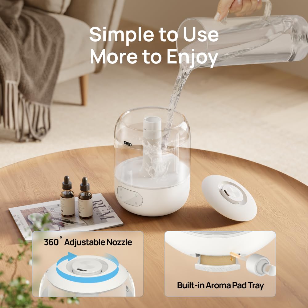 DREO Humidifiers for Bedroom, 3L Top Fill 30H & 26dB Quiet Runtime for Large Room, Cool Mist Ultrasonic Humidifier with Humidity Sensor, Night Light for Home, Baby, Nursery, Plants, New Edition DREO