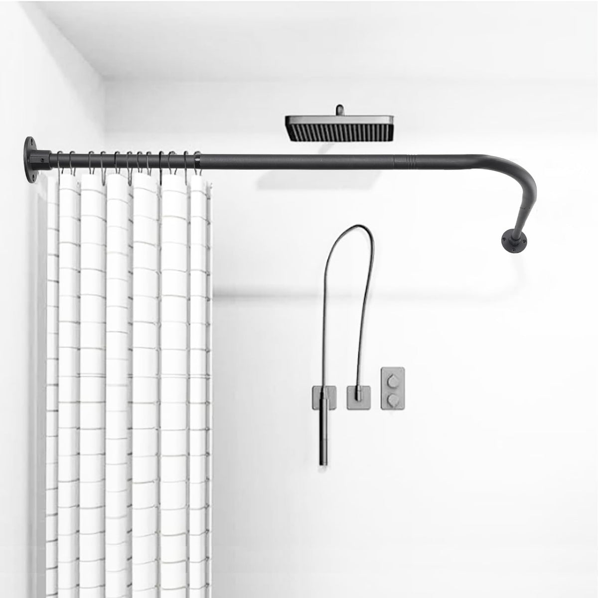 L Shaped Shower Curtain Rod, (44.1"-54.3"x44.1"-54.3") Adjustable Curved Shower Rod, 90 Degree Corner Shower Rods for Bathroom Bathtub Clothing Store Locker, locker rooms, fitting rooms, Black TwinkleTool