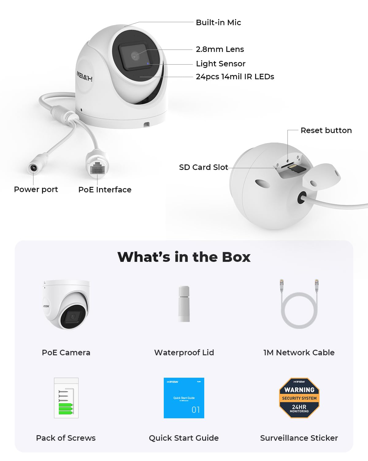 (Hikvision Compatible) H.VIEW 5MP Outdoor POE Camera Dome Turret IP Security Camera, 100ft IR Night Vision, 2.8mm Fixed lens, H.265+ IP PoE Outdoor Camera, RTSP,RTMP WDR,Support SD Card H.VIEW