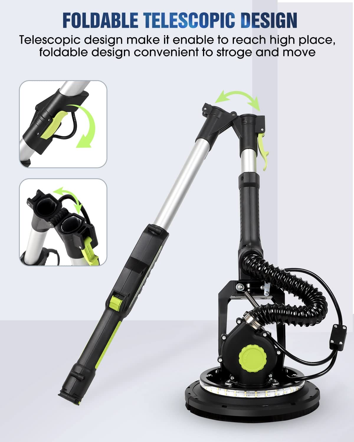 MYTOL Drywall Sander, 7.2A Electric Drywall Sander with Vacuum Dust Collection, 6 Variable Speed 900-1800RPM, LED Light, Foldable & Extendable Handle, 9 Pcs Sanding discs&3 Pcs Grid Sandpaper MYTOL