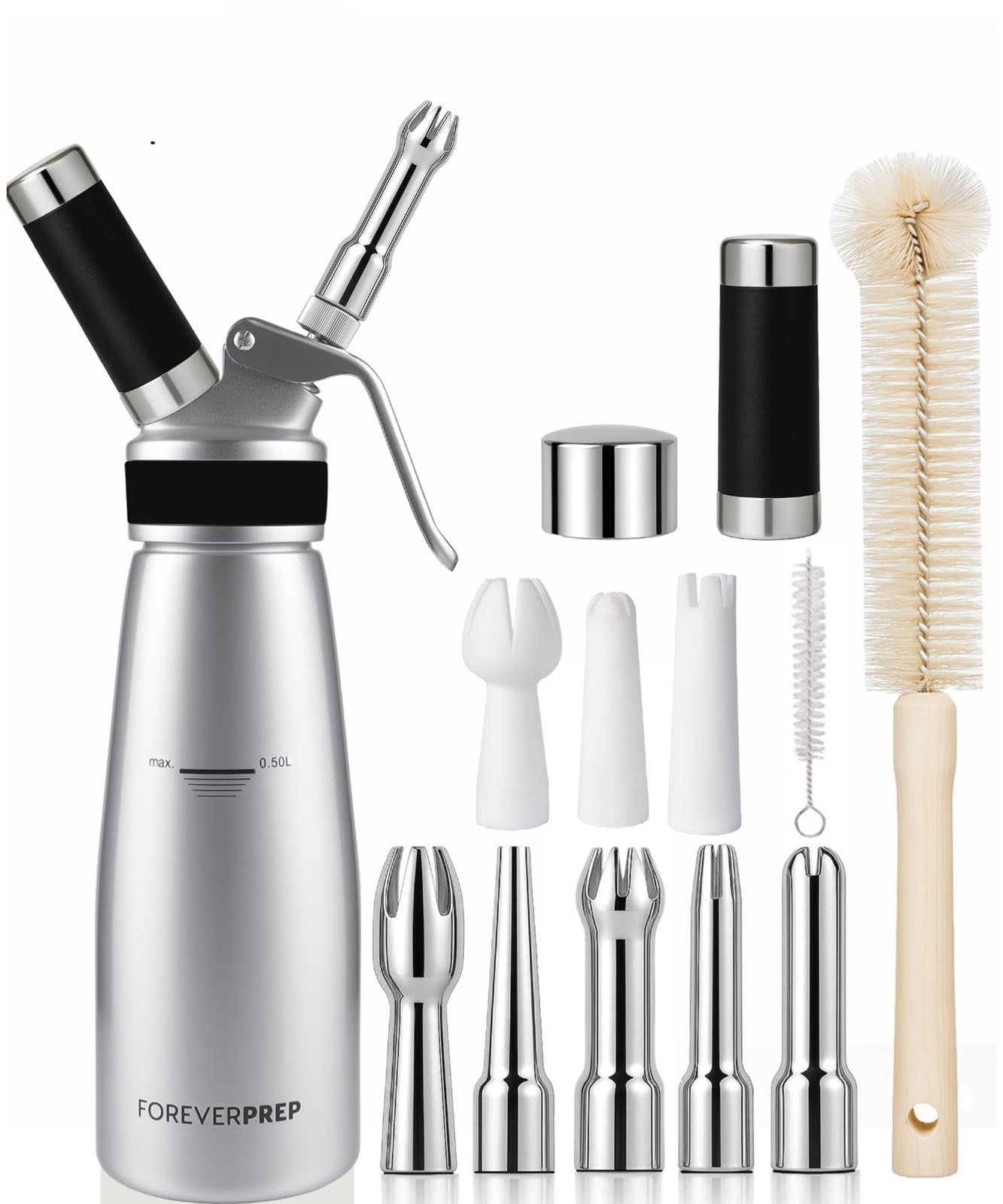 Professional 500 ml Aluminum Whipped Cream Dispenser With 8 Decorating Nozzles -Whipped Cream Canister With 2 Cleaning brushes-Heavy Duty Homemade Whipped Cream Maker 1 Pint (N20 Charger Not Included) FOREVERPREP