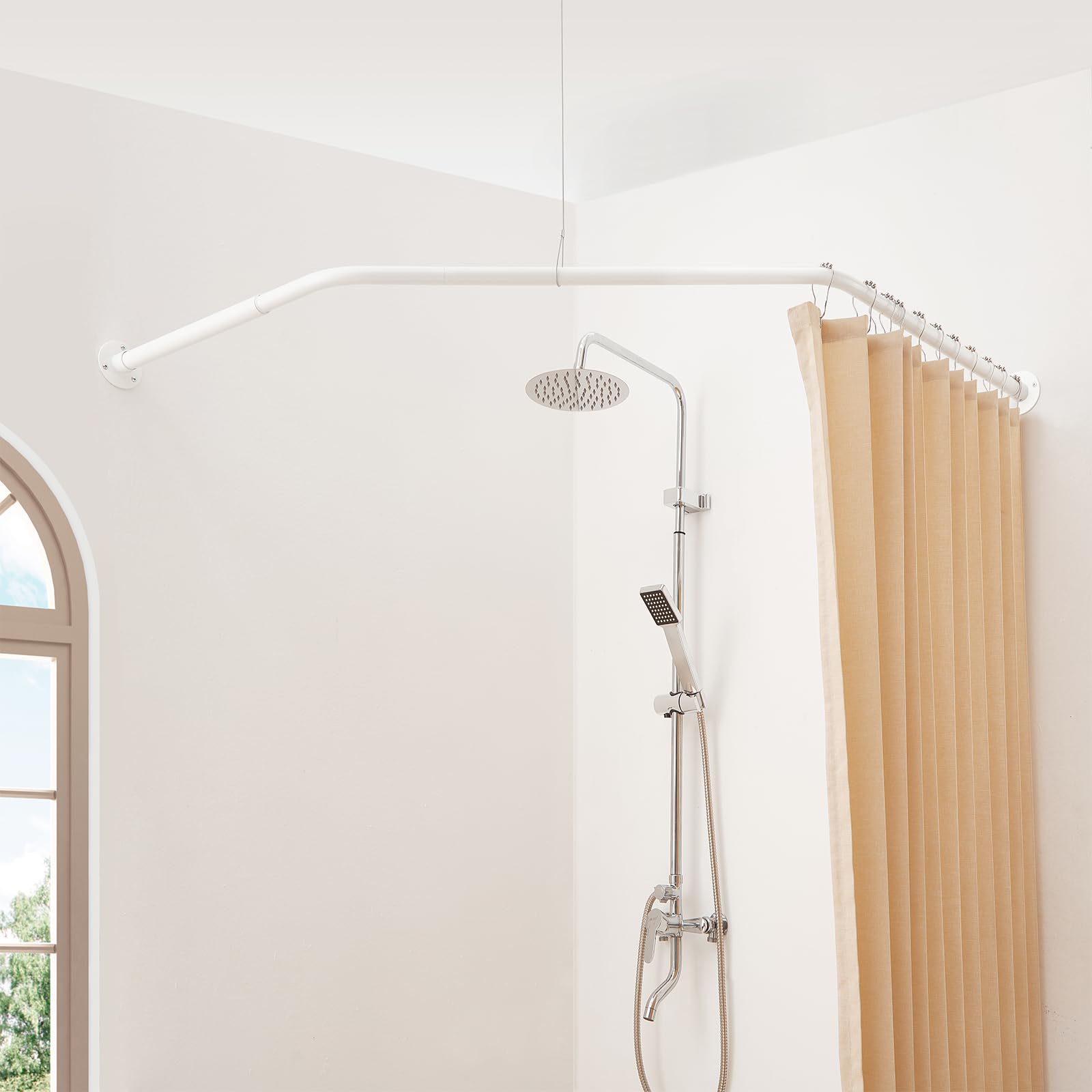 Mirooyu Corner Shower Curtain Rod, Diamond Shaped [Both Sides: 22"-34.8", Middle: 28"/43.7"/12.2"] Heavy Duty NEO Angle Shower Curtain Pole for Bathroom Bathtub with 12 Hooks & Ceiling Support - White Mirooyu