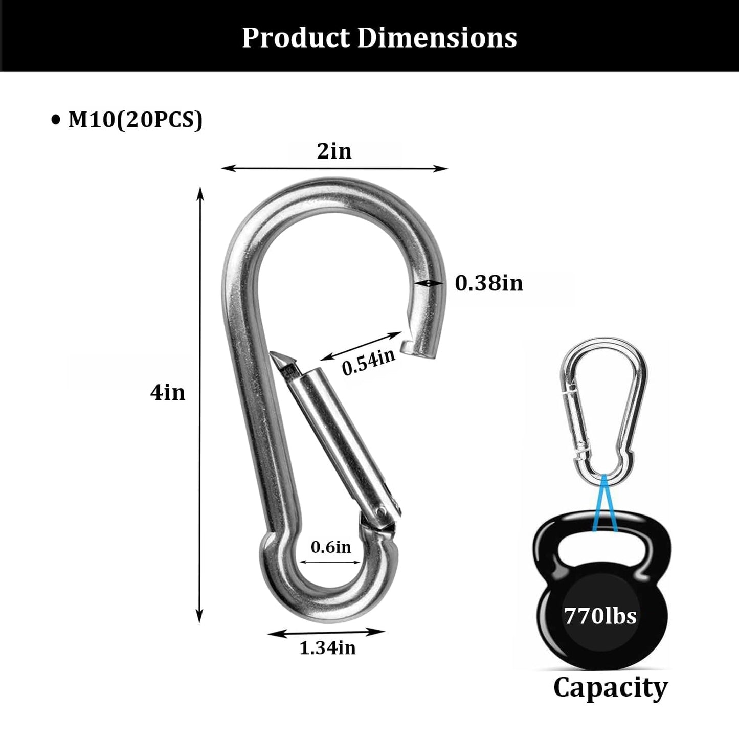 20Pcs 4” Safety Spring Snap Hook, M10 3/8" Carabiner Quick Link Snap Hooks for Camping Hiking, 770LBS Holding Capacity Heavy Duty Steel Carabiner Clip Buckle for Swing Hammock Gym Outdoor Yision