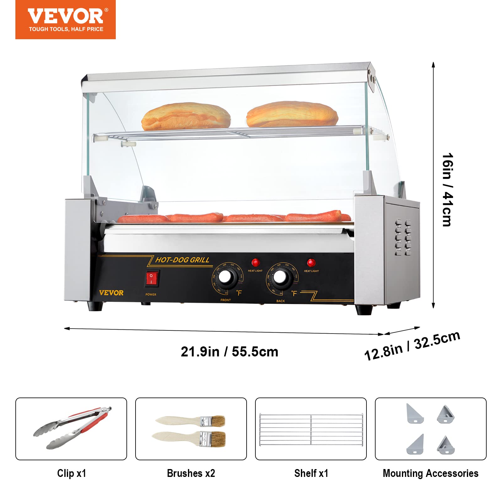 VEVOR Hot Dog Roller 7 Rollers 18 Hot Dogs Capacity 1050W Stainless Sausage Grill Cooker Machine with Dual Temp Control Glass Hood Acrylic Cover Bun Warmer Shelf Removable Oil Drip Tray, ETL Certified VEVOR