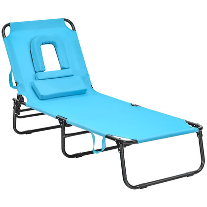 Giantex Outdoor Chaise Lounge Chair - Folding Beach Chair with 5 Adjustable Positions, Hole, Detachable Pillow, Hand Ropes, Lounger for Sunbathing, Poolside, Yard, Patio Lawn Chair