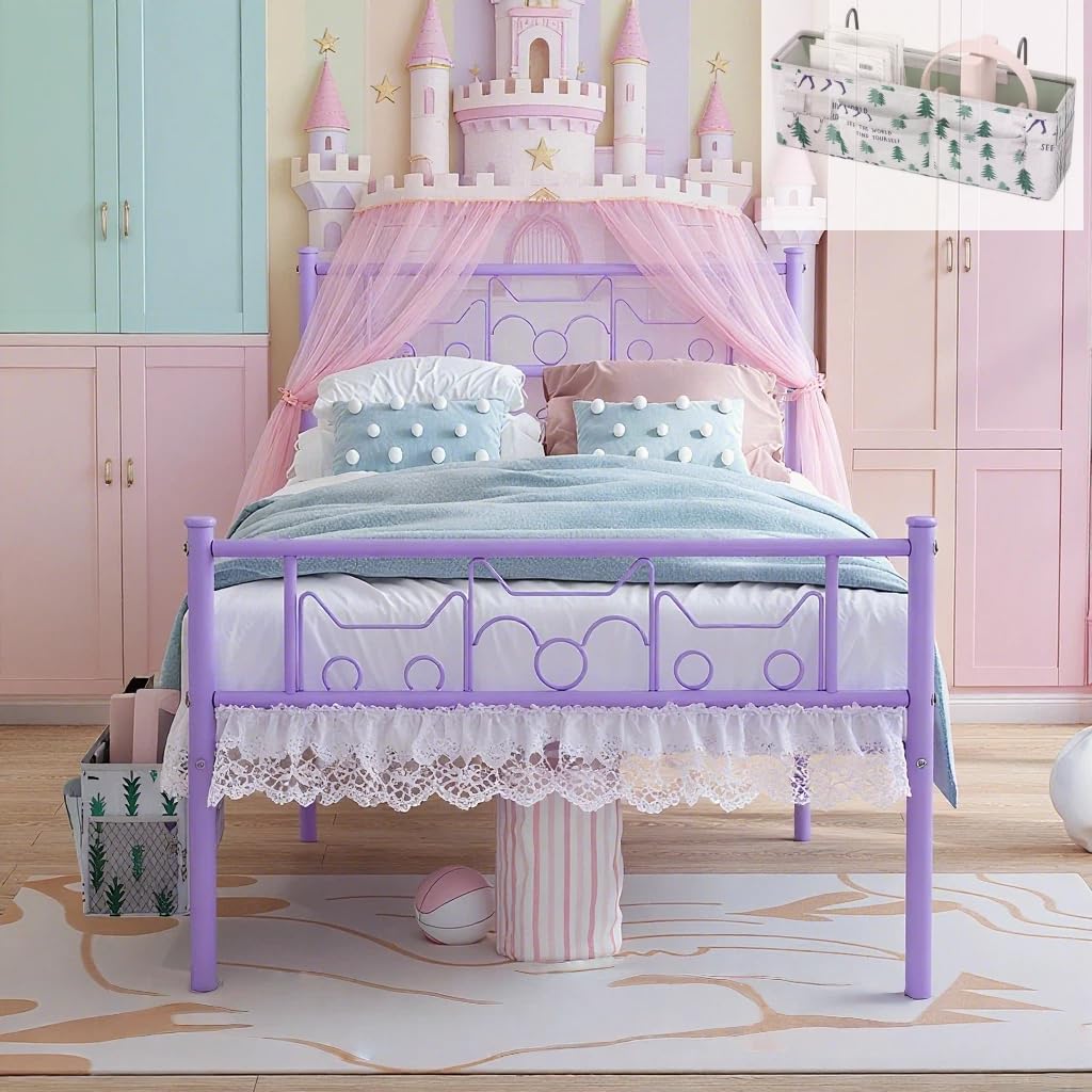Twin Bed Frames - Twin Size Beds Princess Metal Platform Bed Frame Mattress Foundation Support for Kids Girls with Headboard, Footboard, Bedside Storage Caddy, Purple GIME