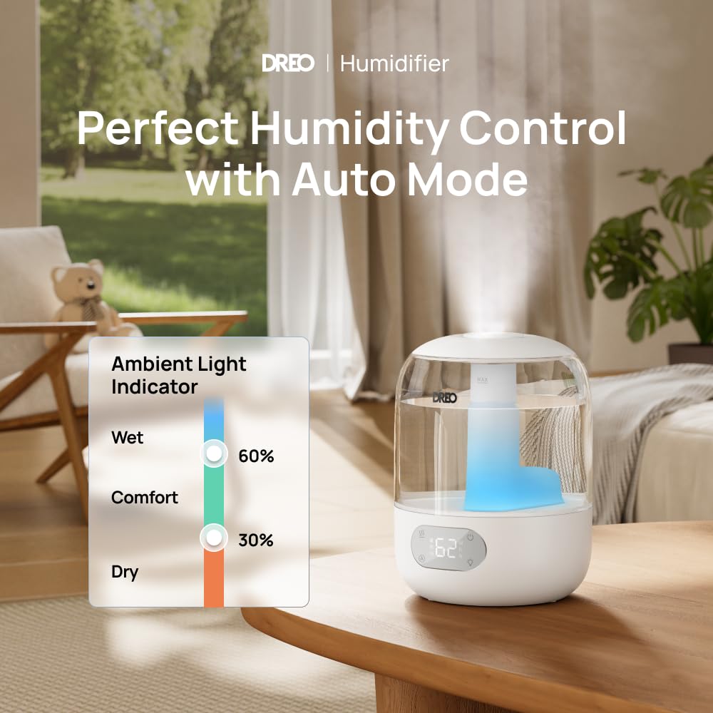 DREO Humidifiers for Bedroom, 3L Top Fill 30H & 26dB Quiet Runtime for Large Room, Cool Mist Ultrasonic Humidifier with Humidity Sensor, Night Light for Home, Baby, Nursery, Plants, New Edition DREO