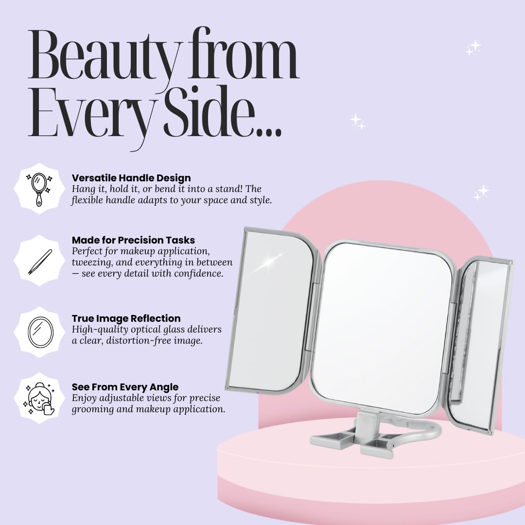 Danielle Creations 3-Way Foldable Travel Makeup Mirror with Built in Stand and Handle, Silver ebuystt