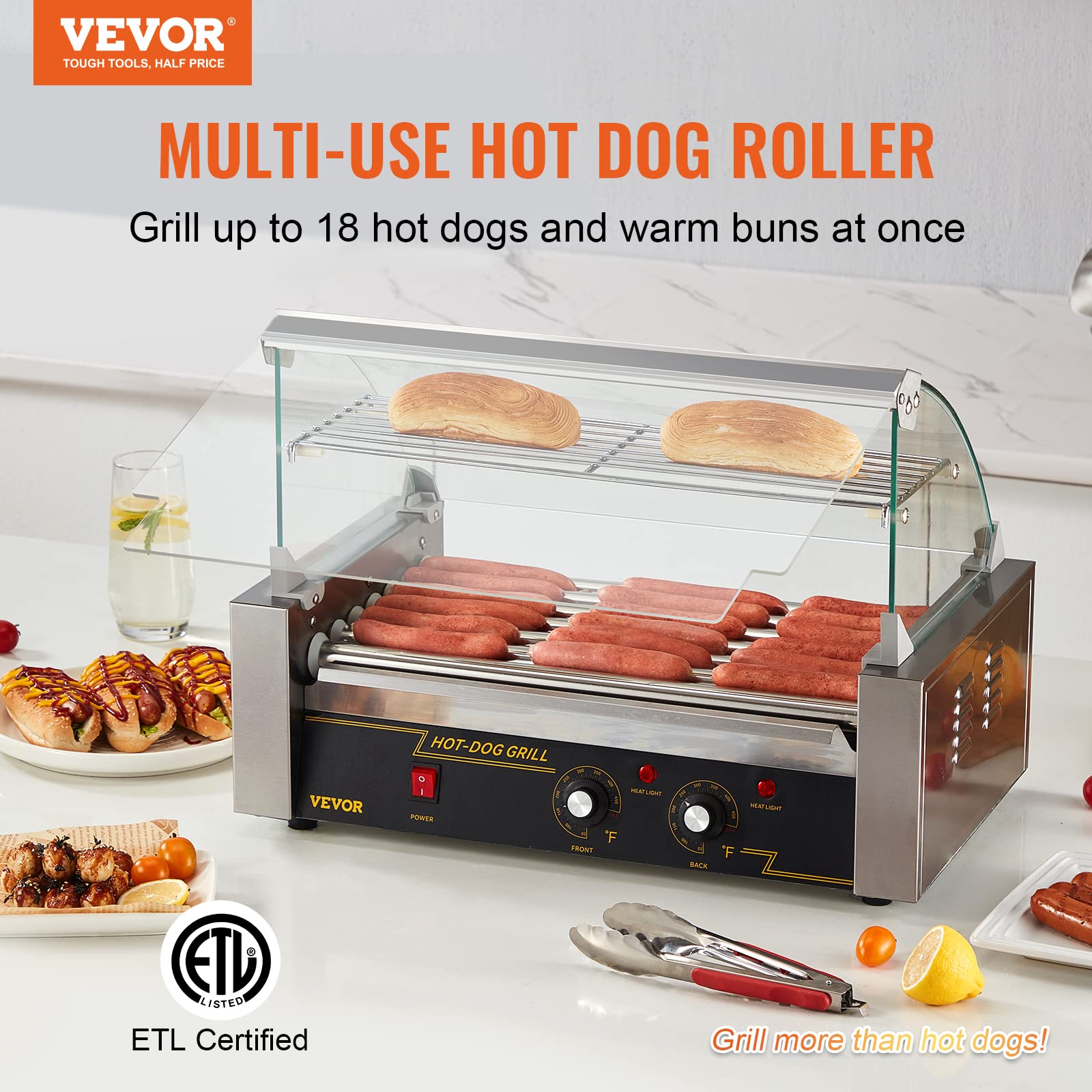VEVOR Hot Dog Roller 7 Rollers 18 Hot Dogs Capacity 1050W Stainless Sausage Grill Cooker Machine with Dual Temp Control Glass Hood Acrylic Cover Bun Warmer Shelf Removable Oil Drip Tray, ETL Certified VEVOR