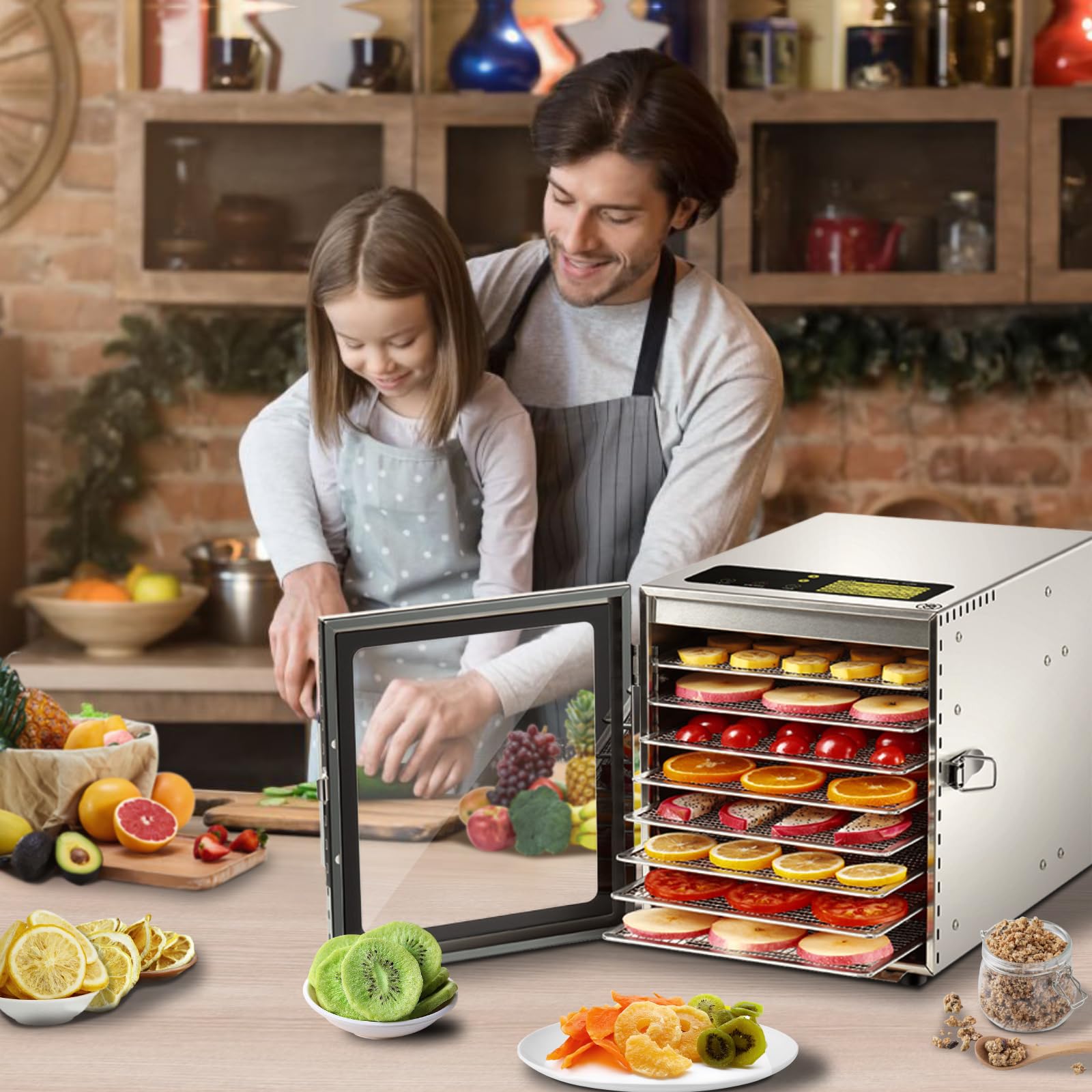 Cercker Food-Dehydrator Machine 8 Stainless Steel Trays, 500W Jerky Dehydrator for Meat, 190ºF Mushroom Dryer, 24H Timer Fruits Dryer for Herbs, Veggies, Yogurt & Dog Treats Cercker