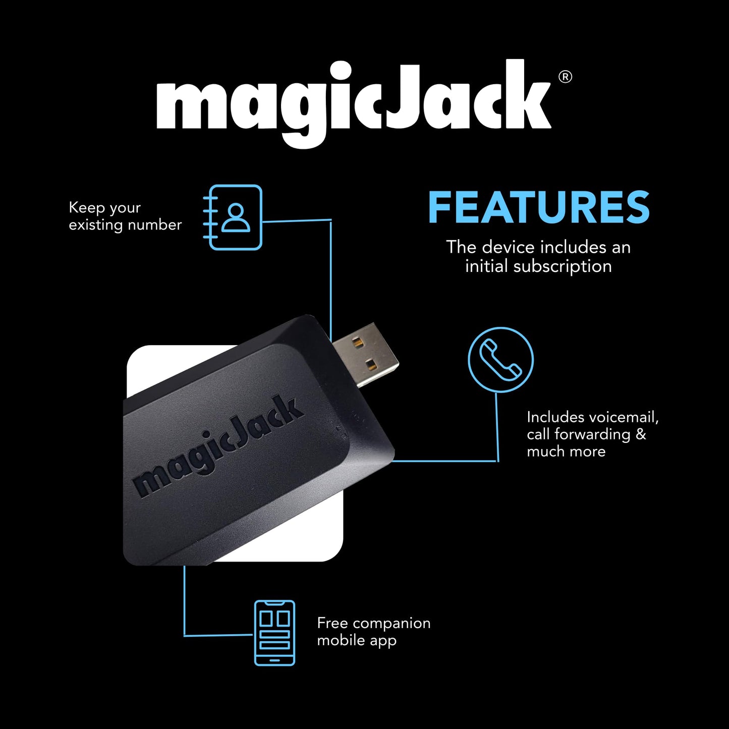 magicJack VOIP Phone Adapter - Unlimited Calls to US & Canada, No Monthly Bill, Portable Internet Phone with App, magicIN™ & magicOUT™ Service magicJack