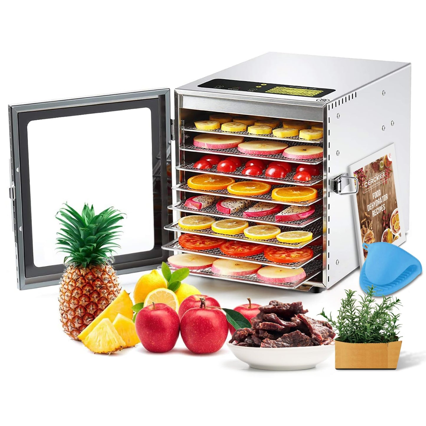 Cercker Food-Dehydrator Machine 8 Stainless Steel Trays, 500W Jerky Dehydrator for Meat, 190ºF Mushroom Dryer, 24H Timer Fruits Dryer for Herbs, Veggies, Yogurt & Dog Treats Cercker