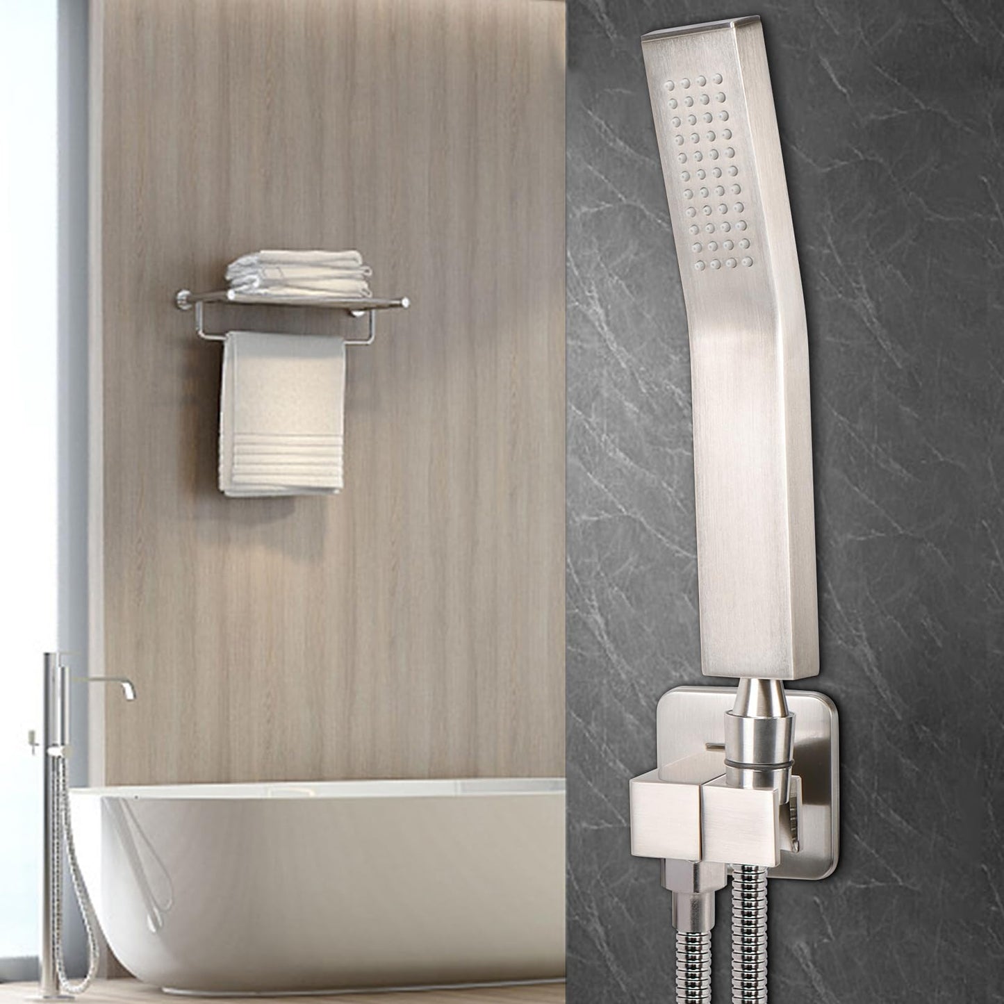 NearMoon Hand Held Shower Head, Luxury High Pressure Shower Kit with Wall Connector and Hose Set, for Bathroom Showering System Contemporary Square Style (Brushed Nickel) NearMoon