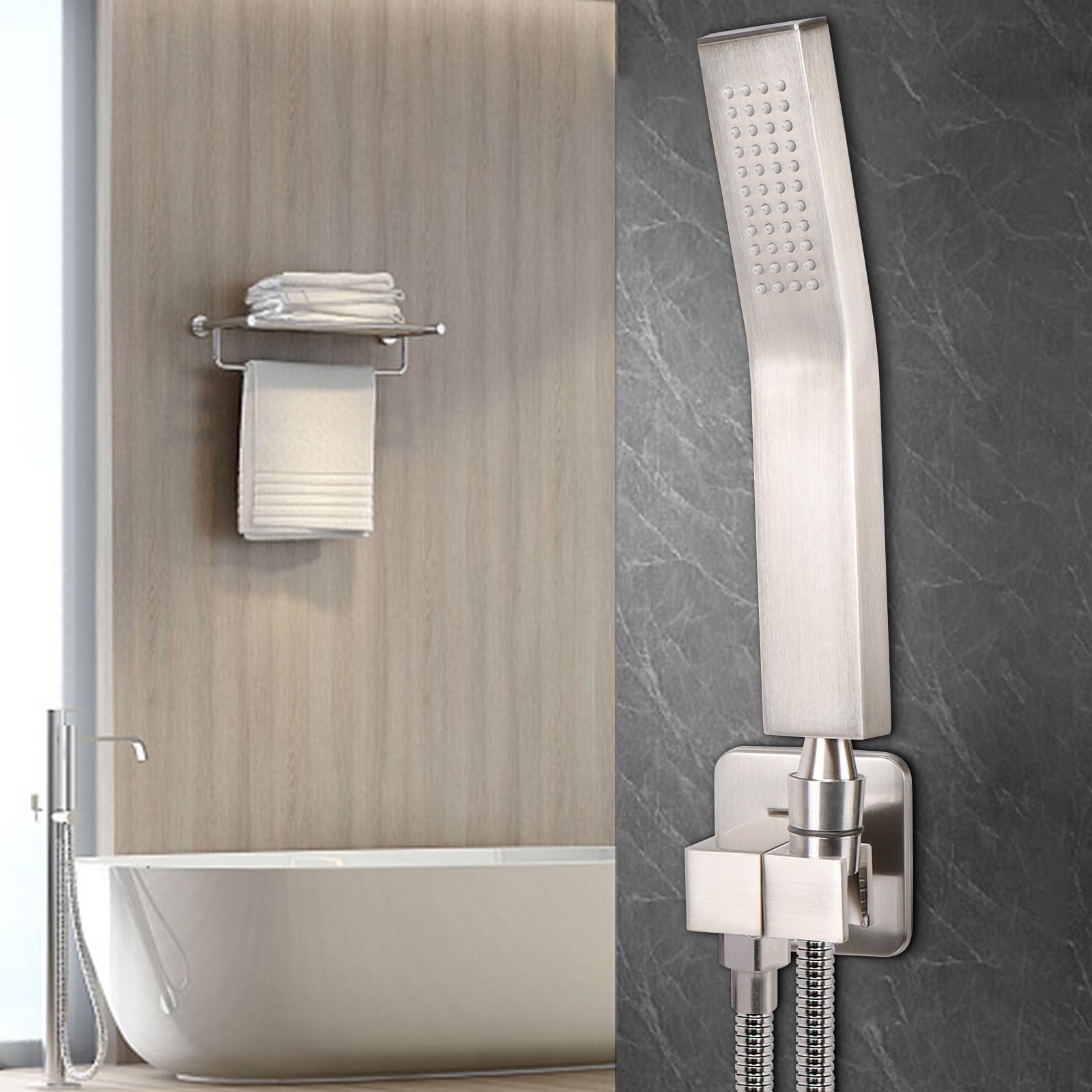 NearMoon Hand Held Shower Head, Luxury High Pressure Shower Kit with Wall Connector and Hose Set, for Bathroom Showering System Contemporary Square Style (Brushed Nickel) NearMoon