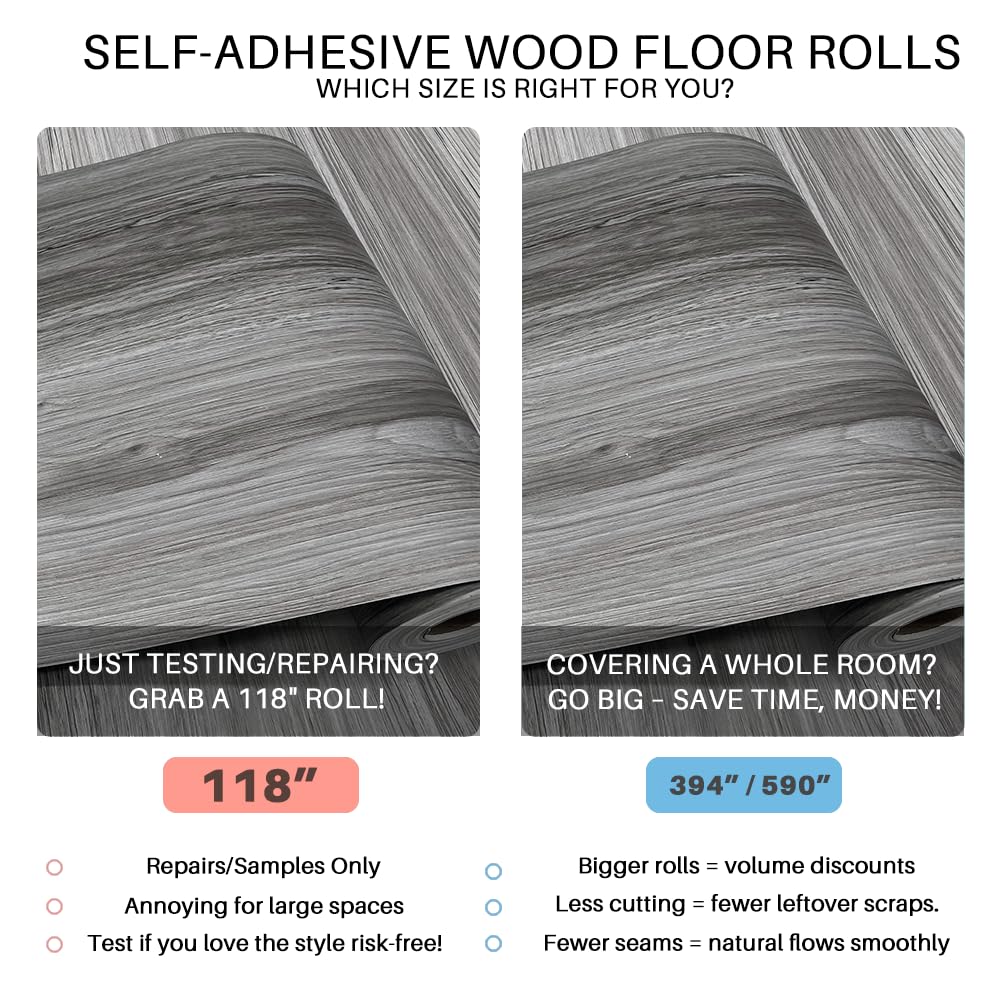 auxua Woodgrain Vinyl Floor Roll, 11.8" x 118", Quick‑Apply Peel & Stick auxua