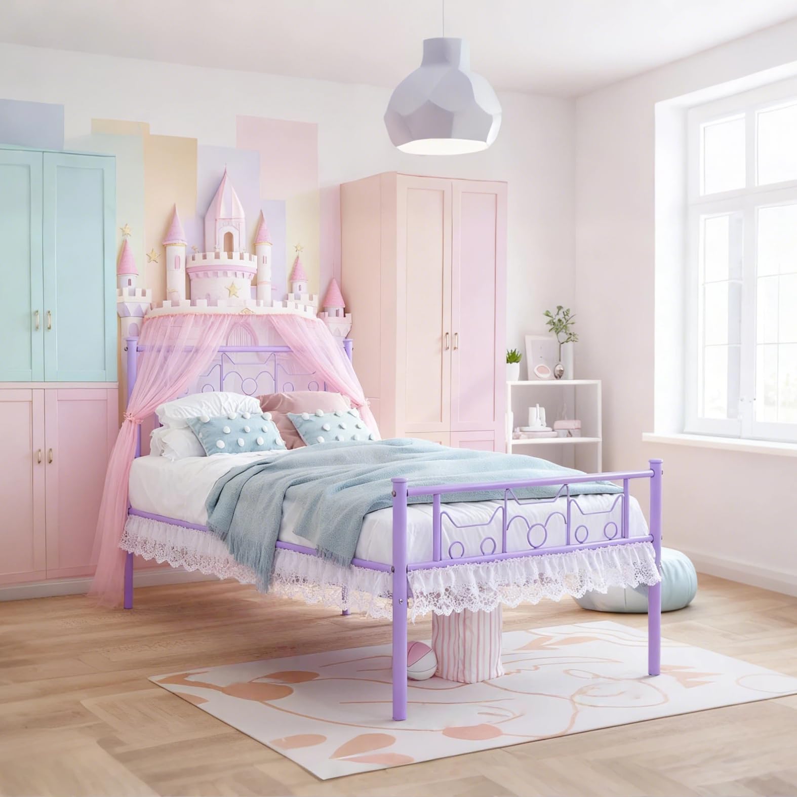 Twin Bed Frames - Twin Size Beds Princess Metal Platform Bed Frame Mattress Foundation Support for Kids Girls with Headboard, Footboard, Bedside Storage Caddy, Purple GIME