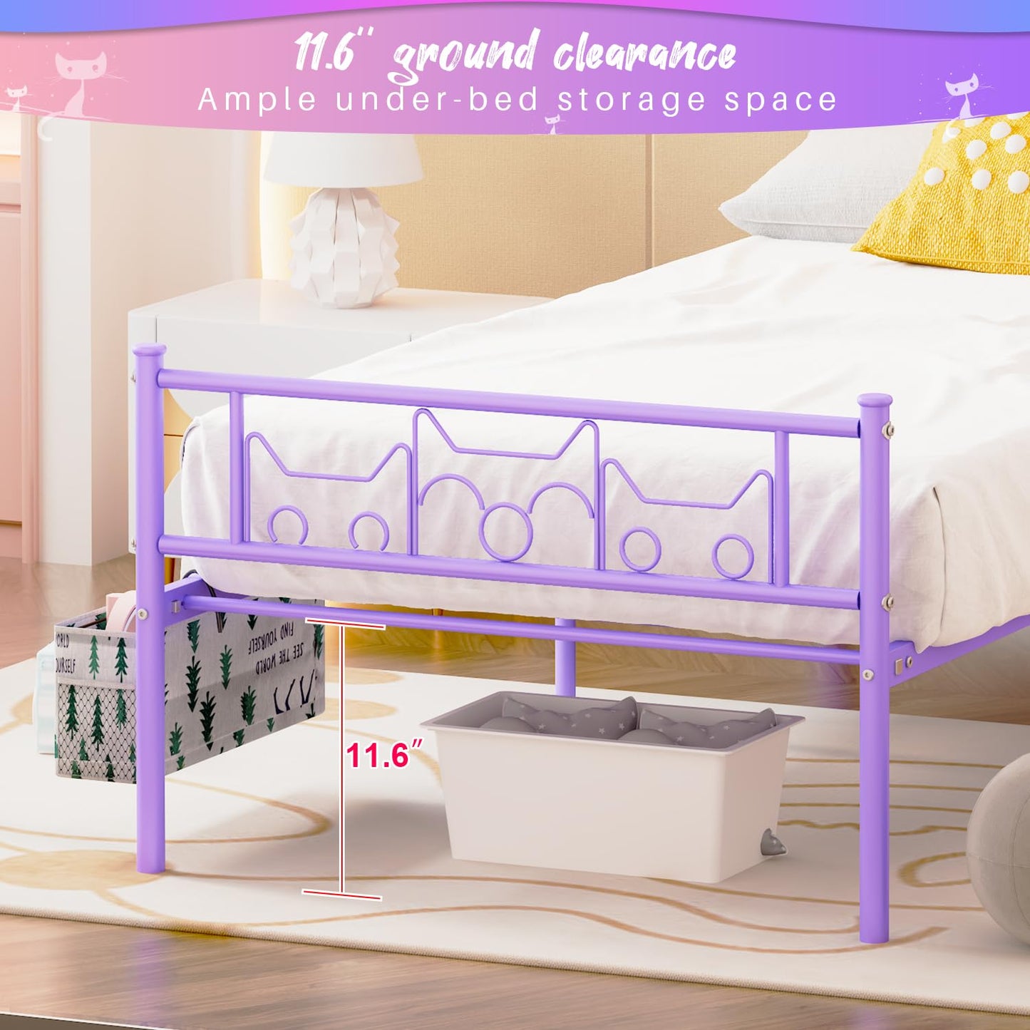 Twin Bed Frames - Twin Size Beds Princess Metal Platform Bed Frame Mattress Foundation Support for Kids Girls with Headboard, Footboard, Bedside Storage Caddy, Purple GIME