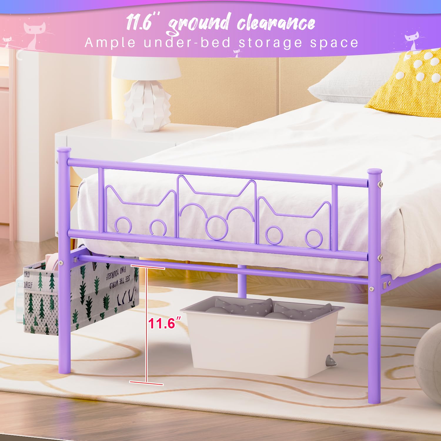Twin Bed Frames - Twin Size Beds Princess Metal Platform Bed Frame Mattress Foundation Support for Kids Girls with Headboard, Footboard, Bedside Storage Caddy, Purple GIME