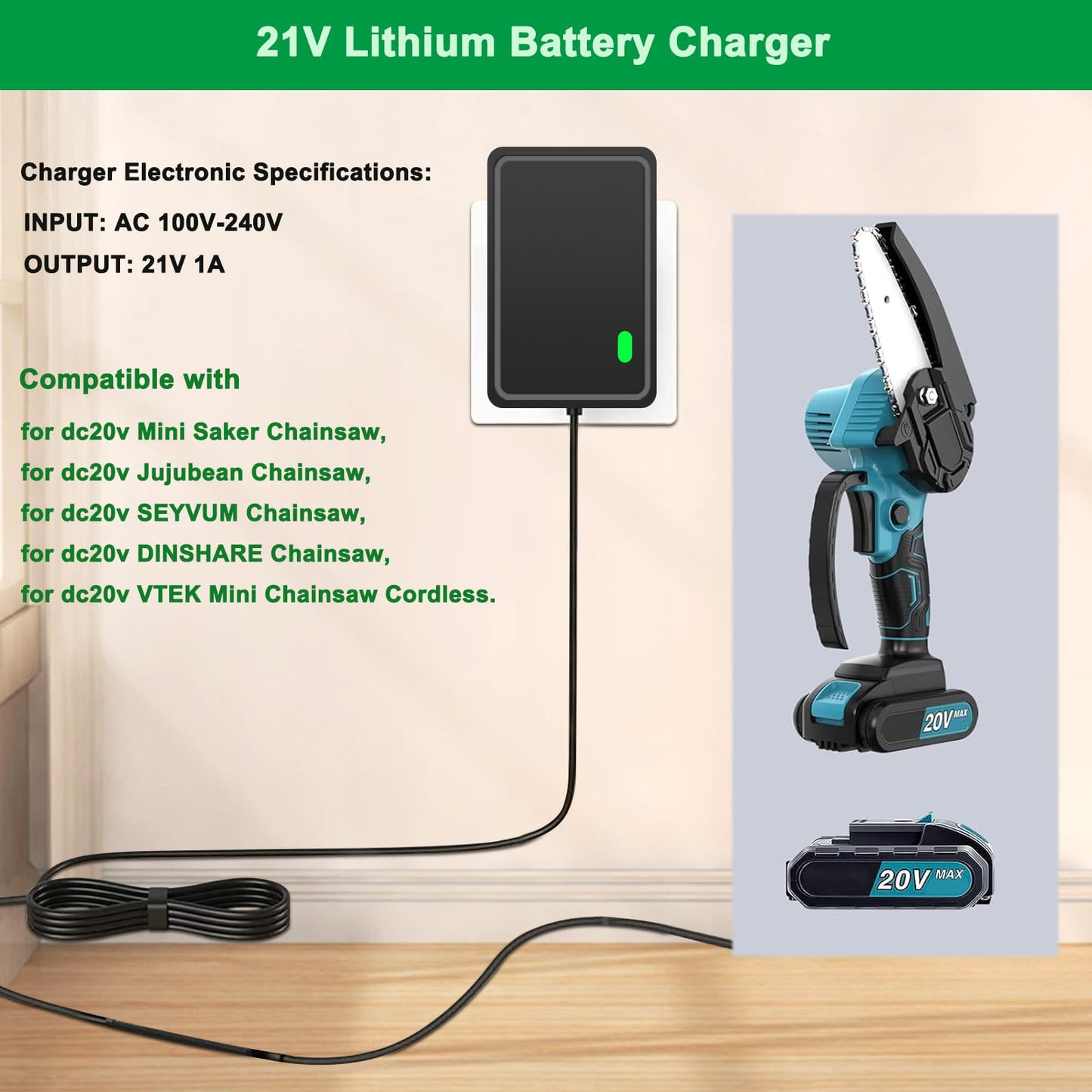 21V Lithium Battery Charger for 20V/21V Power Tools - Compatible with Mini Chainsaw, Hand Drills, Electric Wrenches, Screwdrivers - Fast Charging & Overload Protection. Gonine