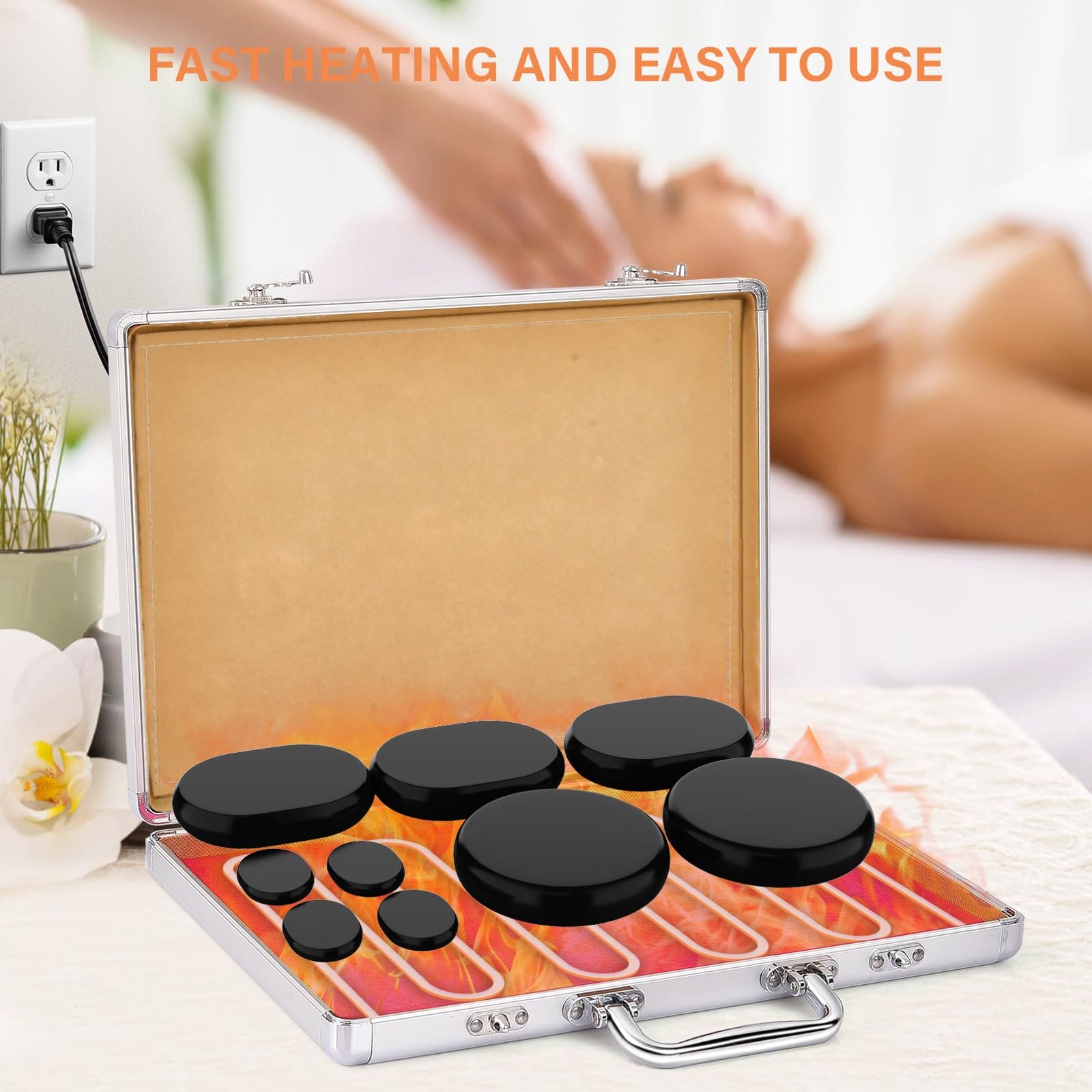9Pcs Hot Stones Massage Set with Warmer, Professional or Home Spa Massage Hot Stones Kit, 4 Sizes Massage Stone for Full Body Relaxation and Pain Relief Pisleto
