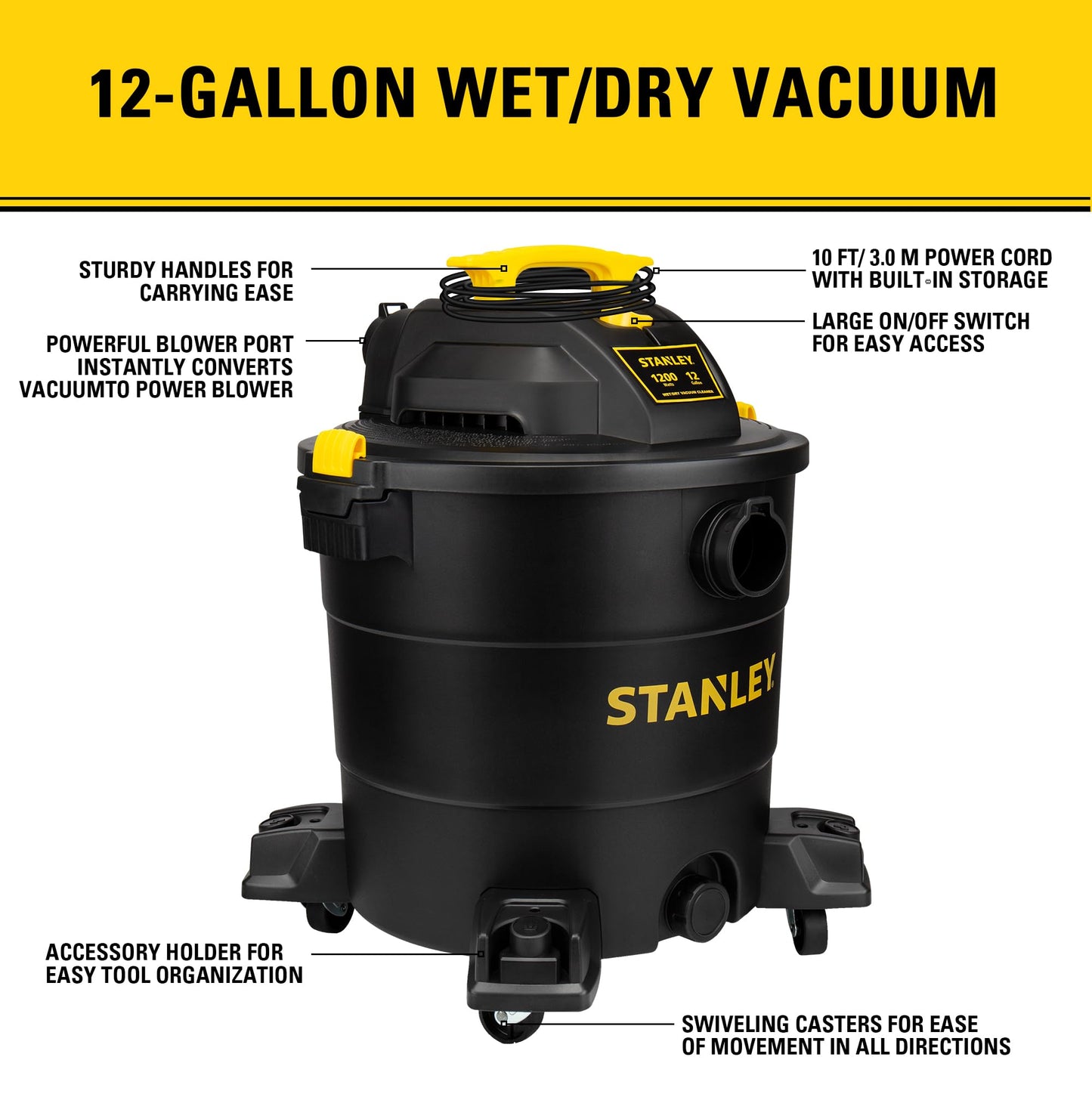 STANLEY 12 Gallon 5.5 Peak HP Wet/Dry Vacuum, 3 in 1 Shop Vacuum Blower,1-7/8"x6 Hose, Range for Garage, Carpet Clean, Workshop with Vacuum Attachments-SL18199P STANLEY