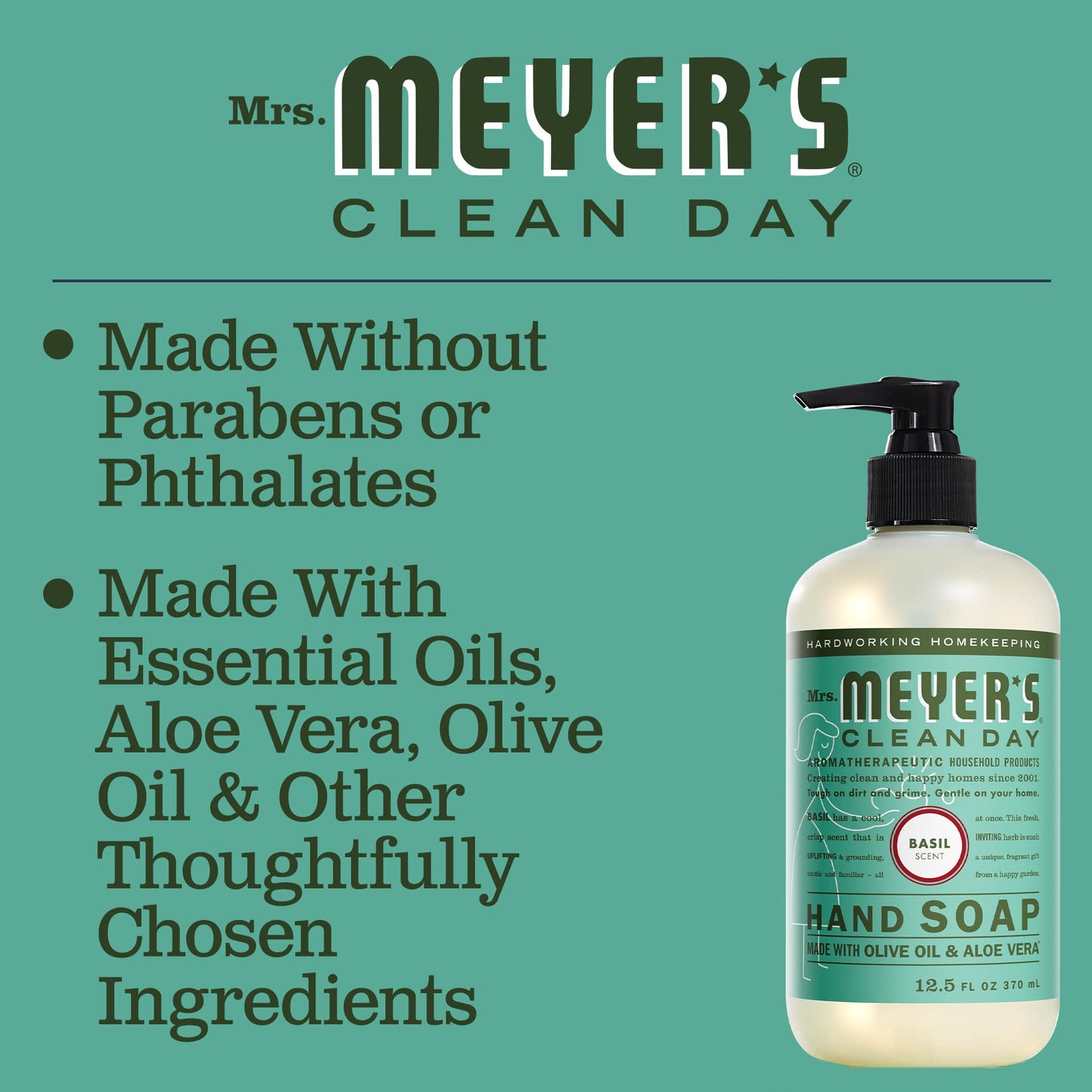 MRS. MEYER'S CLEAN DAY Hand Soap Refill, Made with Essential Oils, Biodegradable Formula, Basil, 33 fl. oz Mrs. MEYER'S