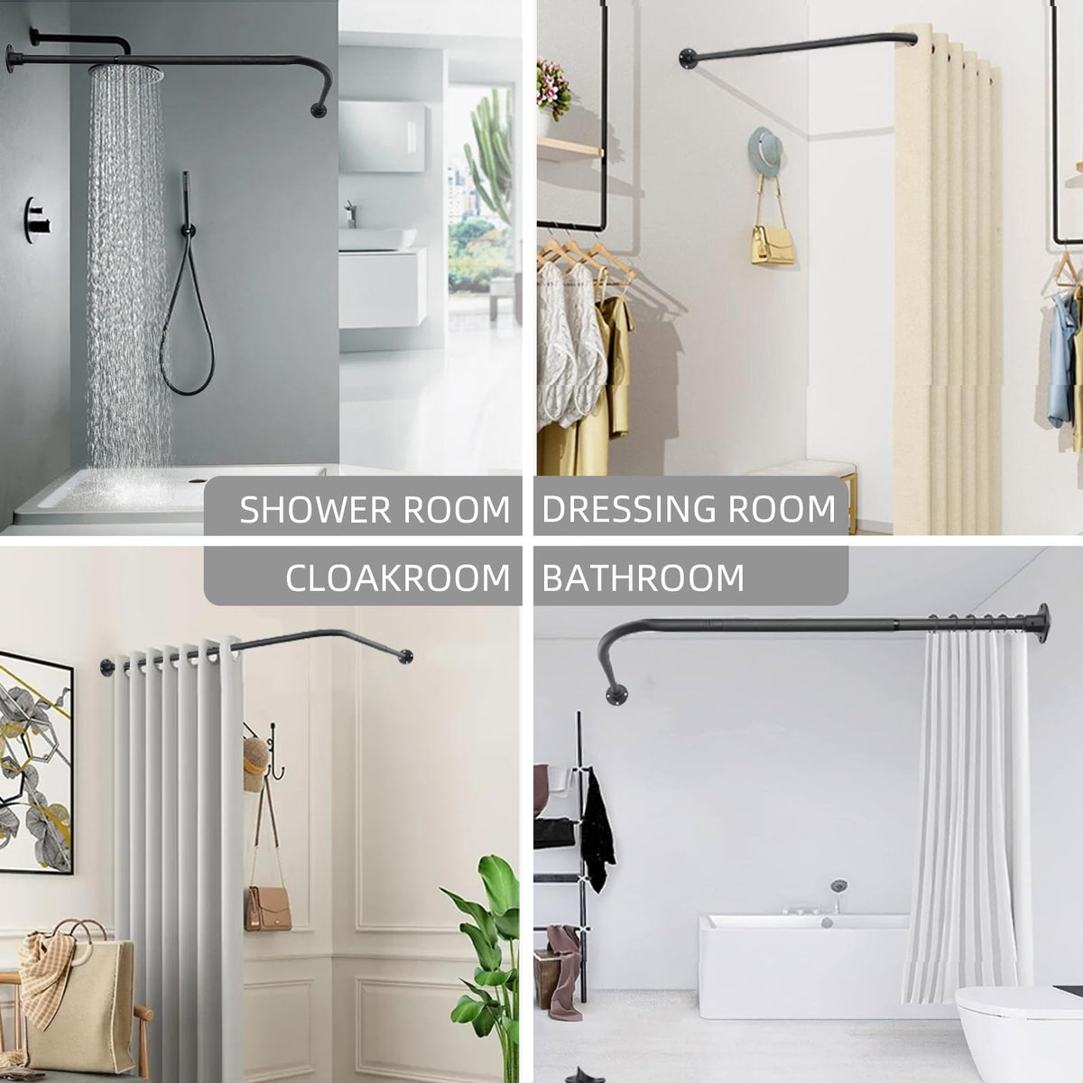 L Shaped Shower Curtain Rod, (44.1"-54.3"x44.1"-54.3") Adjustable Curved Shower Rod, 90 Degree Corner Shower Rods for Bathroom Bathtub Clothing Store Locker, locker rooms, fitting rooms, Black TwinkleTool