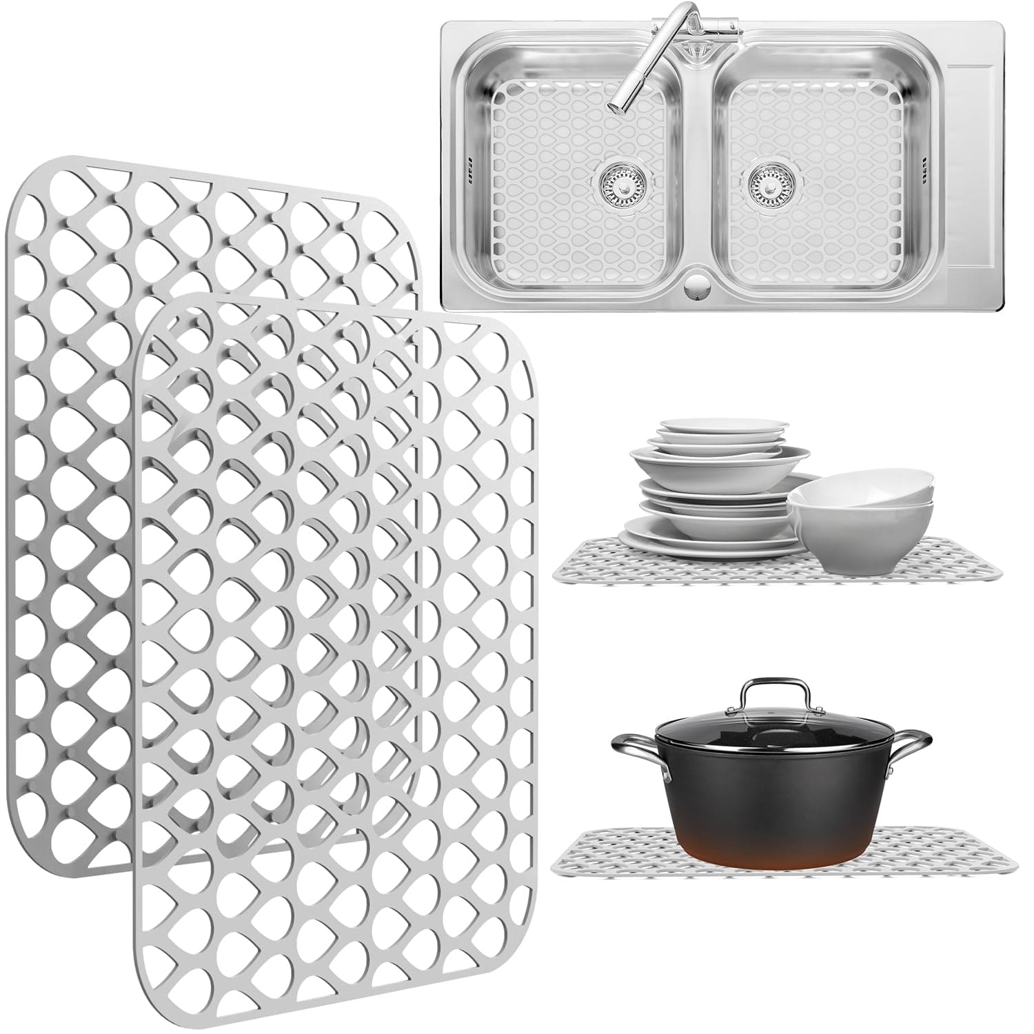 2 Pack Sink Protectors for Kitchen Sink, 13.4"x11.4" Non-Slip Silicone Sink Mats Protect Your Stainless Steel Bottom of Kitchen Sink or Drying Rack, Eco-Friendly & Stain-Free Kitchen Sink Mat - White Sink Protex