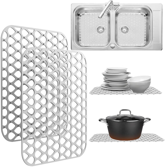 2 Pack Sink Protectors for Kitchen Sink, 13.4"x11.4" Non-Slip Silicone Sink Mats Protect Your Stainless Steel Bottom of Kitchen Sink or Drying Rack, Eco-Friendly & Stain-Free Kitchen Sink Mat - White Sink Protex