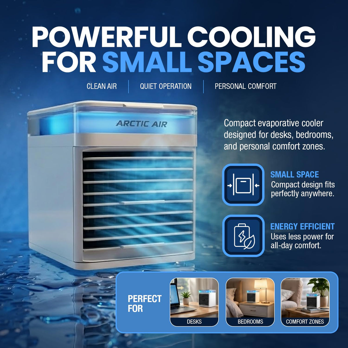 Arctic Air Pure Chill 2.0 Evaporative Air Cooler by Ontel - Powerful, Quiet, Lightweight and Portable Space Cooler with Hydro-Chill Technology For Bedroom, Office, Living Room & More,Blue Arctic Air