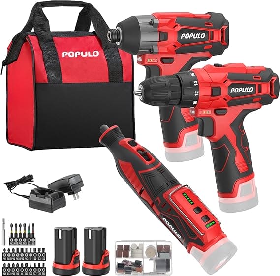 POPULO 12V Max Lithium-ion Cordless Combo Kit (3-Tool), Power Drill Driver, 1/4 in. Impact Driver, Power Rotary Tool Combo Kit with 2.0Ah Batteries (2-Pack), Charger and Tool Bag- PLCK-1202 Argos Distributors