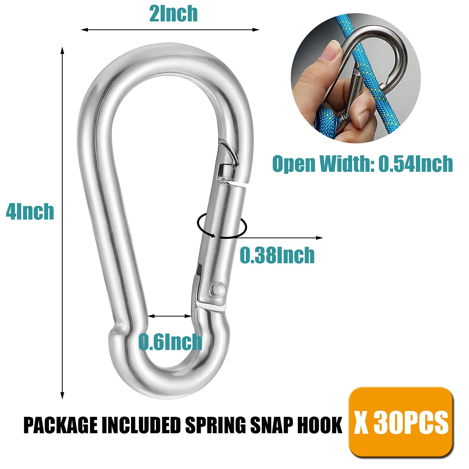 EPHECH 30PCS 4" Heavy Duty Spring Snap Hook, M10 3/8" Galvanized Steel Carabiner Clip Qiuck Link Spring Snap Hook, 770LBS Holding Capacity Keychain Buckle for Swing Hammock Gym Outdoor EPHECH
