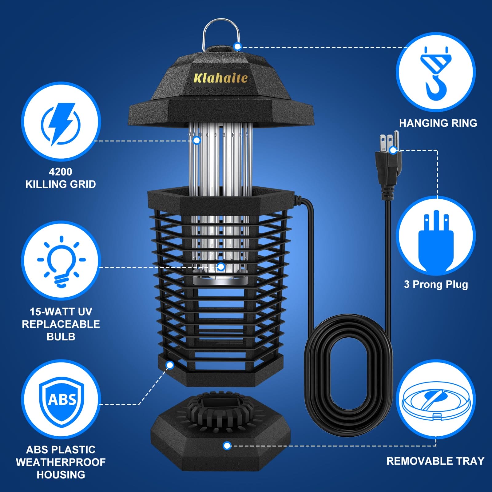 Klahaite Bug Zapper Outdoor, Mosquito Zapper, Fly Traps Fly Zapper,Mosquito Repellent Outdoor Patio and Backyard Covers 1/2 Acre, 4200V Powerful Grid, ABS Fireproof Plastic Outer Klahaite
