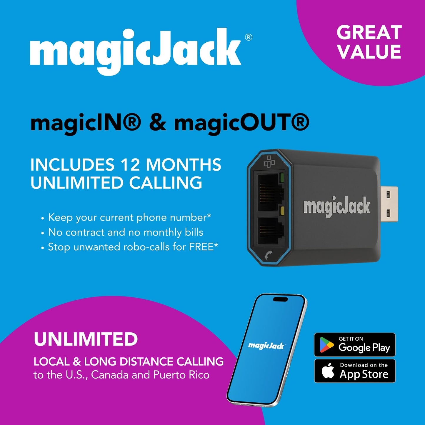 magicJack VOIP Phone Adapter - Unlimited Calls to US & Canada, No Monthly Bill, Portable Internet Phone with App, magicIN™ & magicOUT™ Service magicJack