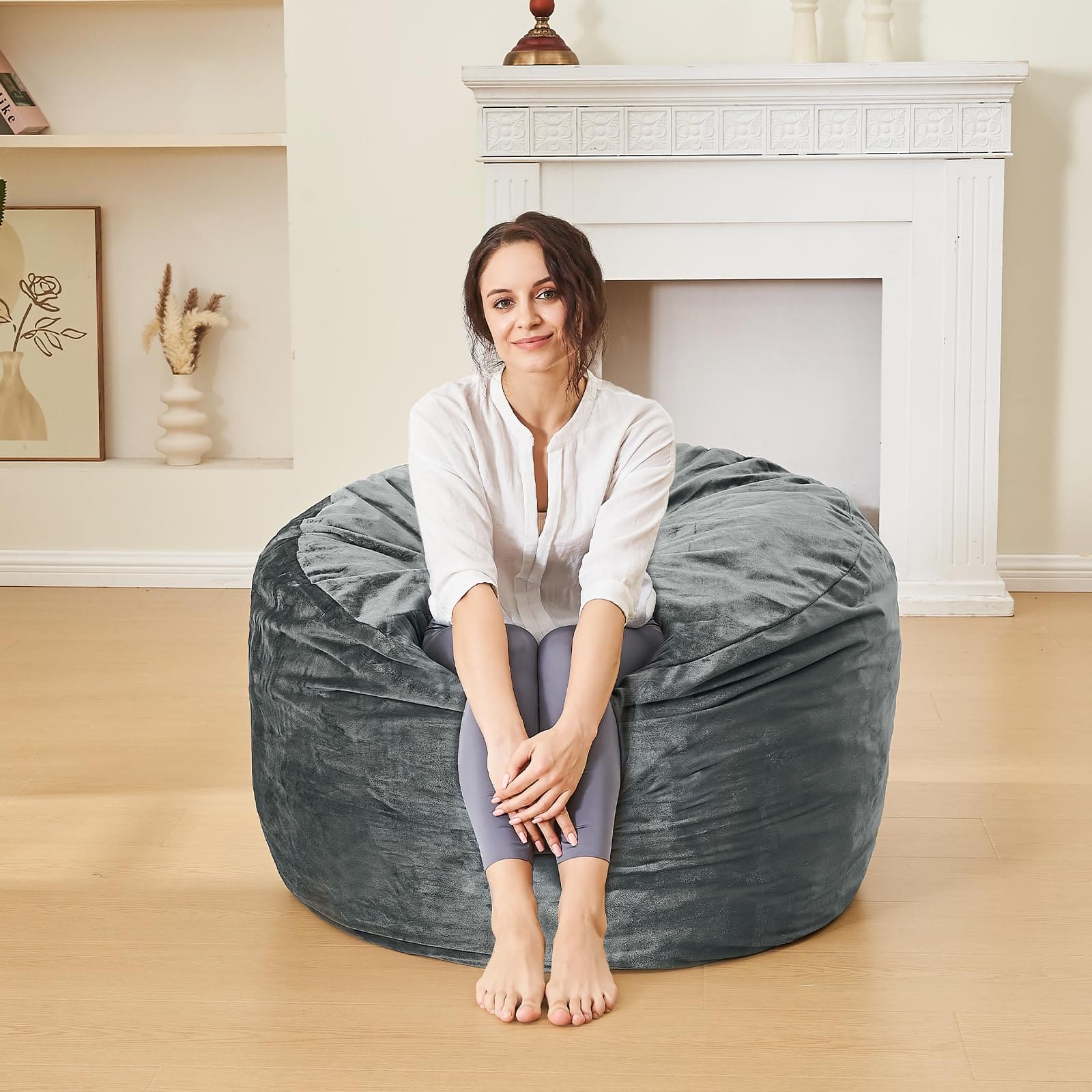 Bean Bag Chairs for Adults - 3' Memory Foam Furniture BeanBag Chair - Kids/Teens Sofa with Soft Micro Fiber Cover - Round Fluffy Couch for Living Room Bedroom College Dorm - 3 ft, Grey ebuys