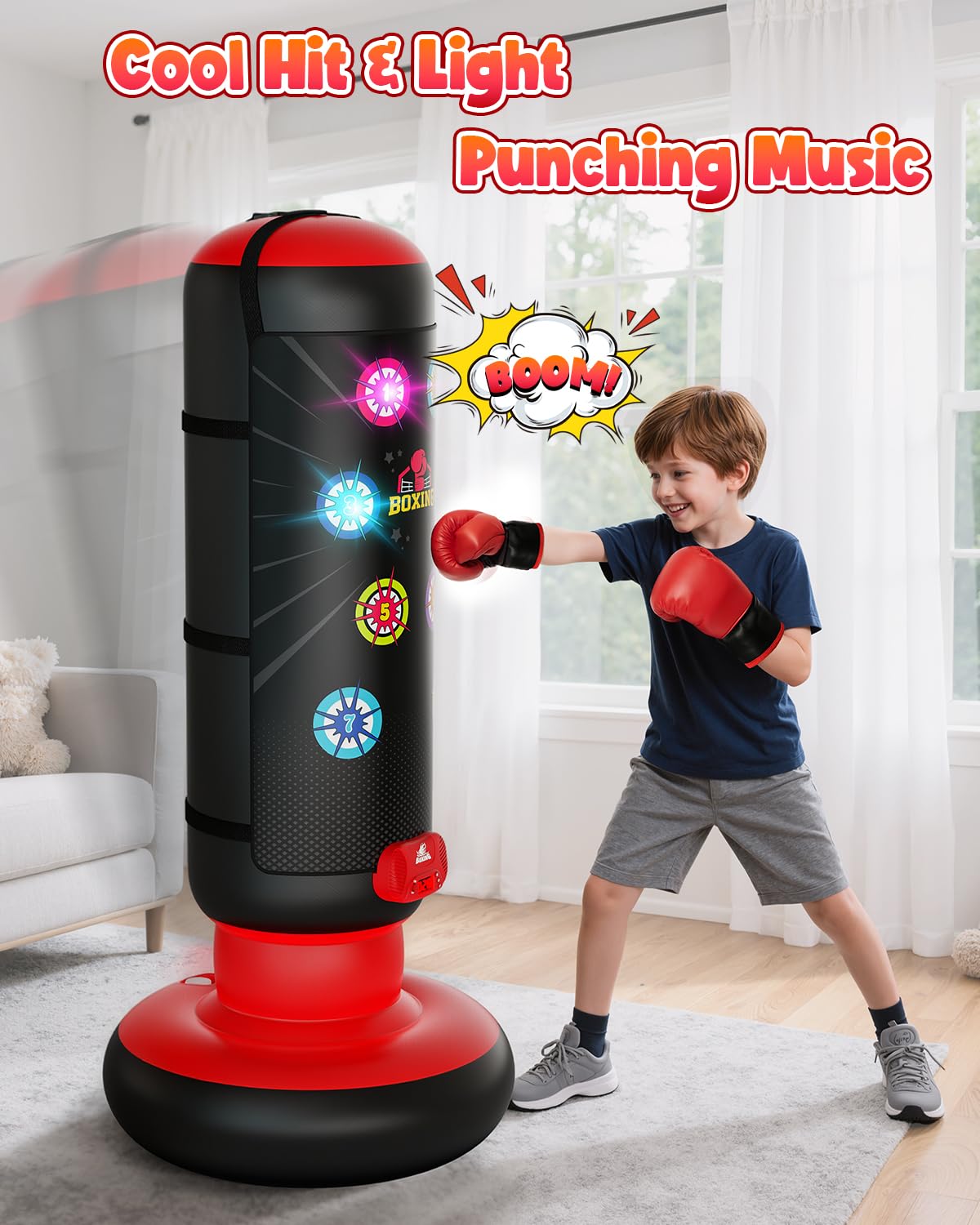 HopeRock Punching Bag for Kids, Boxing Set with Scoring, Light, Music, 4 Game Modes, Inflatable Boxing Bag with Gloves, Birthday Gifts Toys for 4-8-12 Years Old Boys (Patent Pending) HopeRock