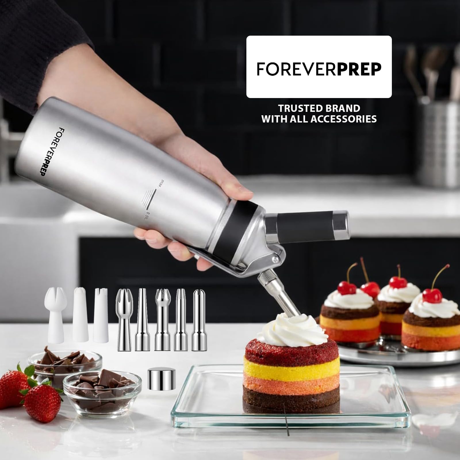 Professional 500 ml Aluminum Whipped Cream Dispenser With 8 Decorating Nozzles -Whipped Cream Canister With 2 Cleaning brushes-Heavy Duty Homemade Whipped Cream Maker 1 Pint (N20 Charger Not Included) FOREVERPREP