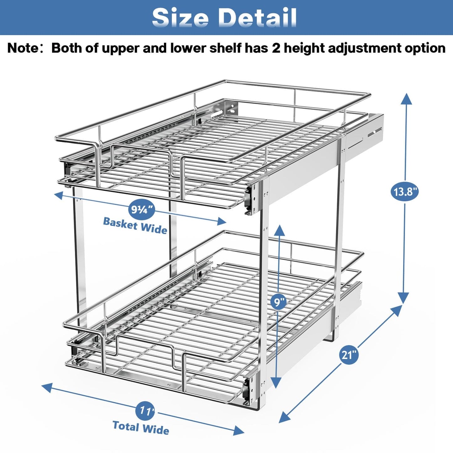 LOVMOR 2 Tier Individual Pull Out Cabinet Organizer 11"W x 21"D, Slide Out Kitchen Cabinet Storage Sliding Shelves LOVMOR