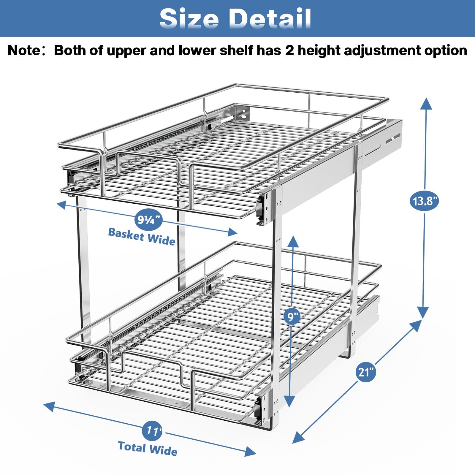 LOVMOR 2 Tier Individual Pull Out Cabinet Organizer 11"W x 21"D, Slide Out Kitchen Cabinet Storage Sliding Shelves LOVMOR