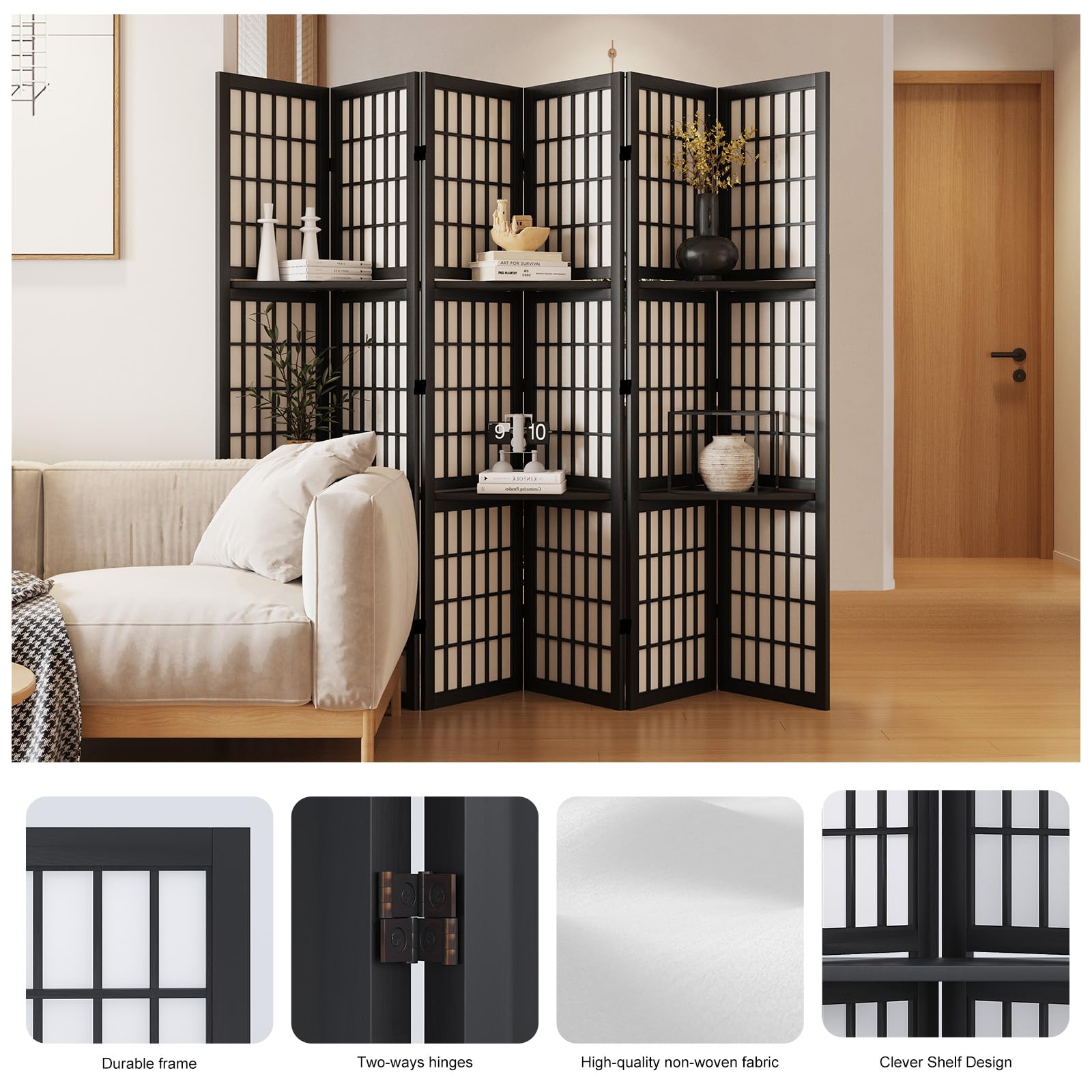Room Divider with Shelves, 66.9-Inch Tall Japanese Shoji Style Wood Screen with Double Hinges for Home Office Decoration (6 Panels, Black) Svimi